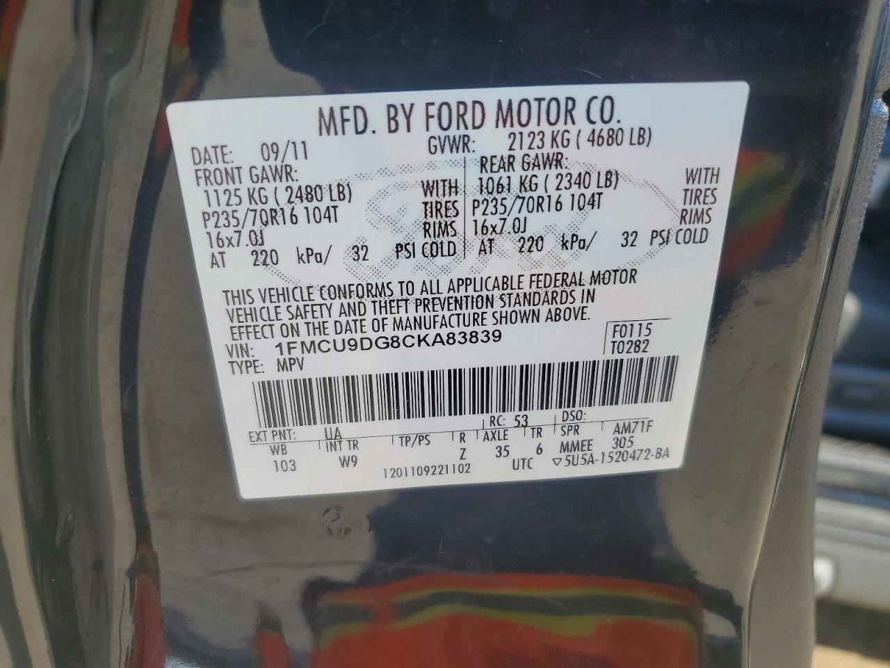 2012 Ford Escape Xlt Black vin: 1FMCU9DG8CKA83839