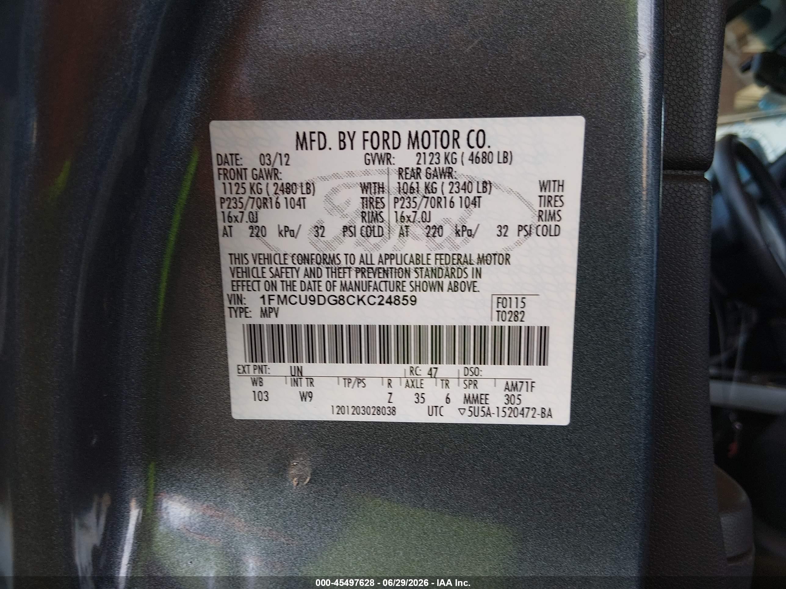2012 Ford Escape Xlt Gray vin: 1FMCU9DG8CKC24859
