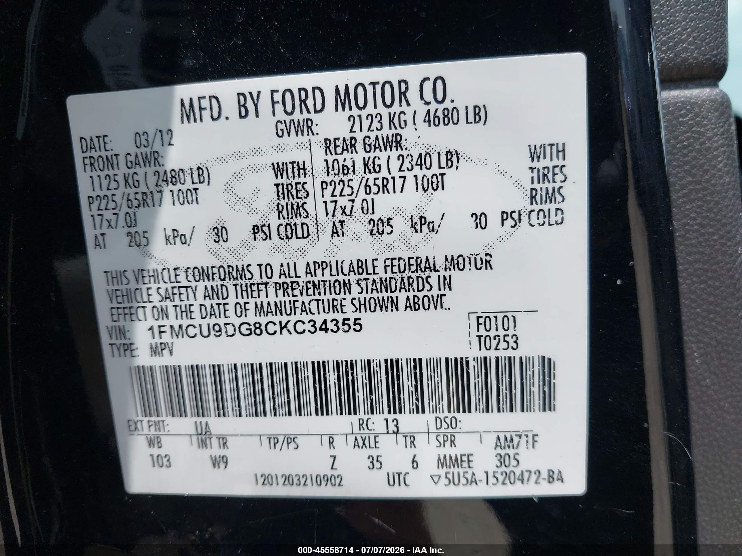 2012 Ford Escape Xlt Black vin: 1FMCU9DG8CKC34355