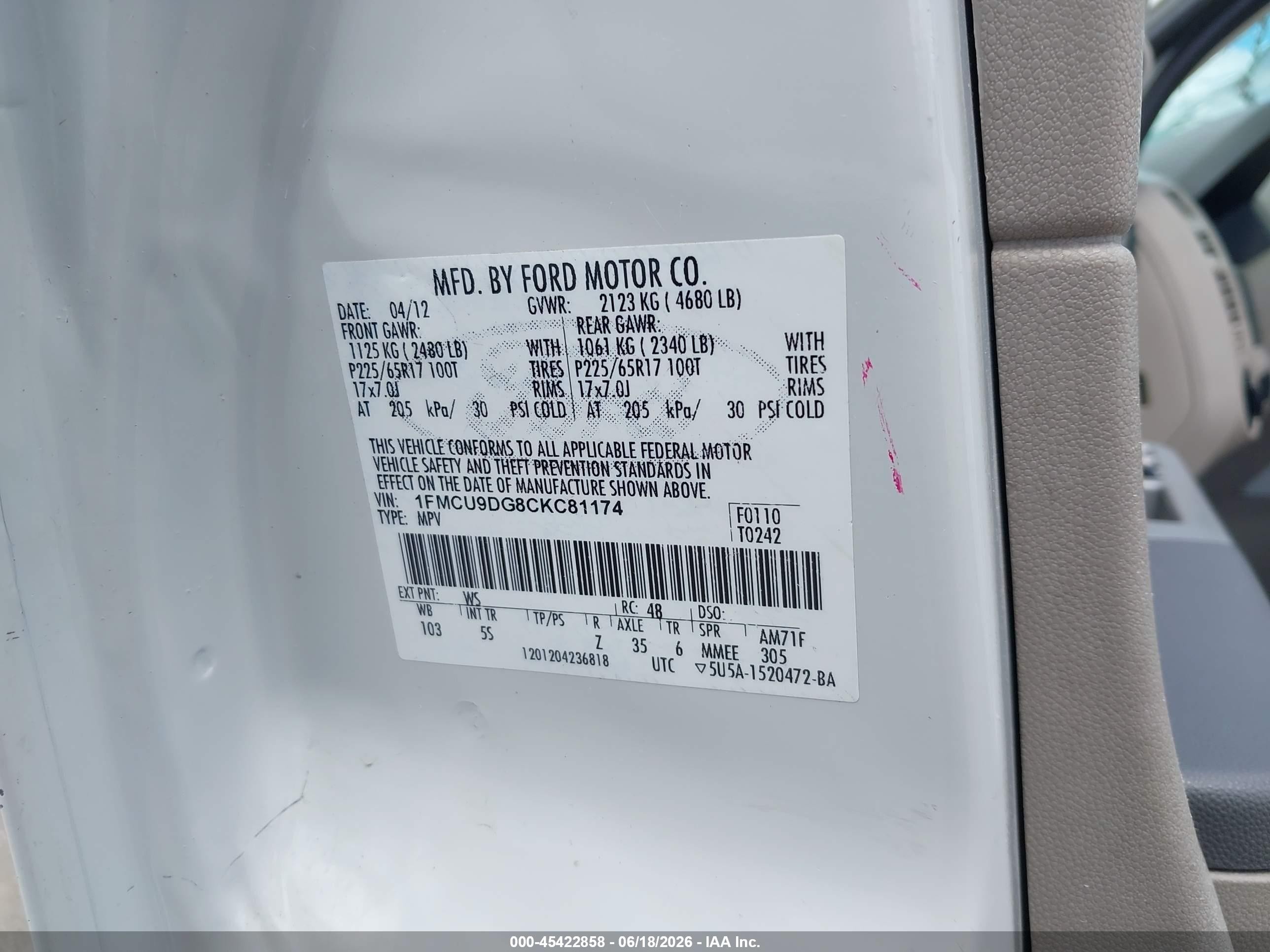 2012 Ford Escape Xlt White vin: 1FMCU9DG8CKC81174