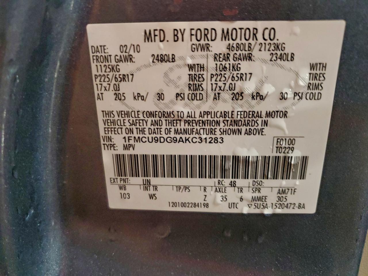 2010 Ford Escape Xlt Blue vin: 1FMCU9DG9AKC31283