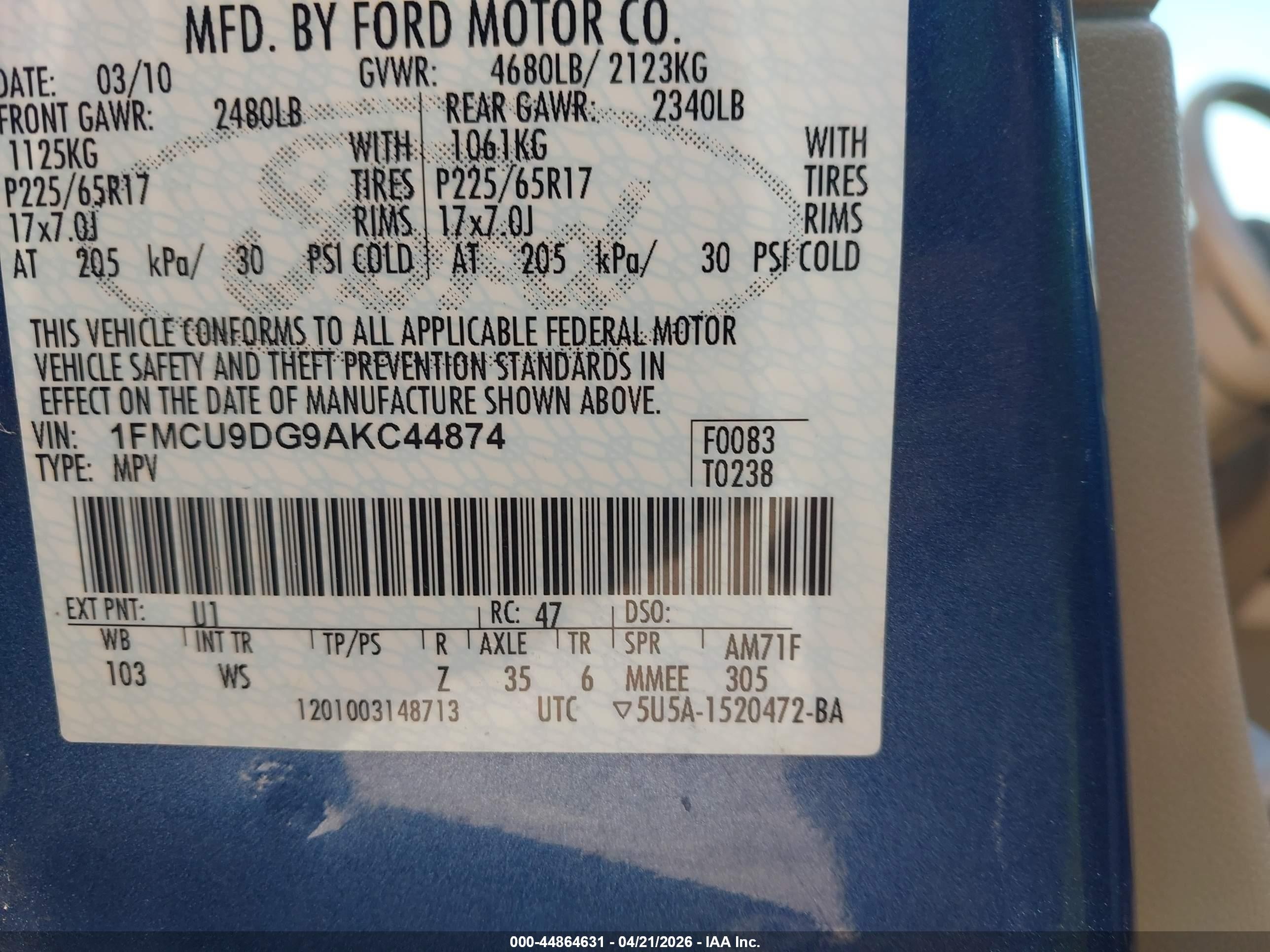 2010 Ford Escape Xlt Blue vin: 1FMCU9DG9AKC44874