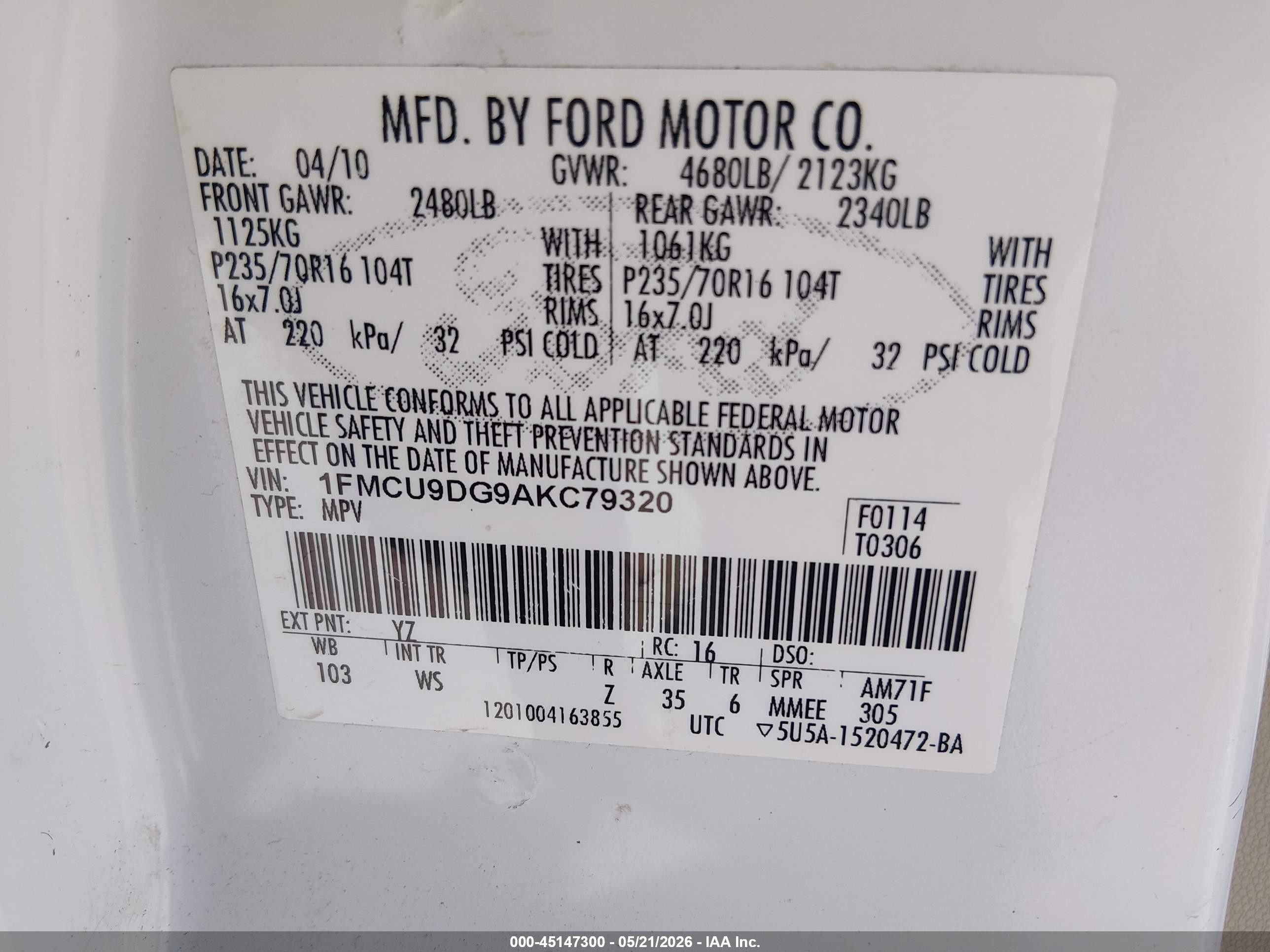 2010 Ford Escape Xlt Белый vin: 1FMCU9DG9AKC79320