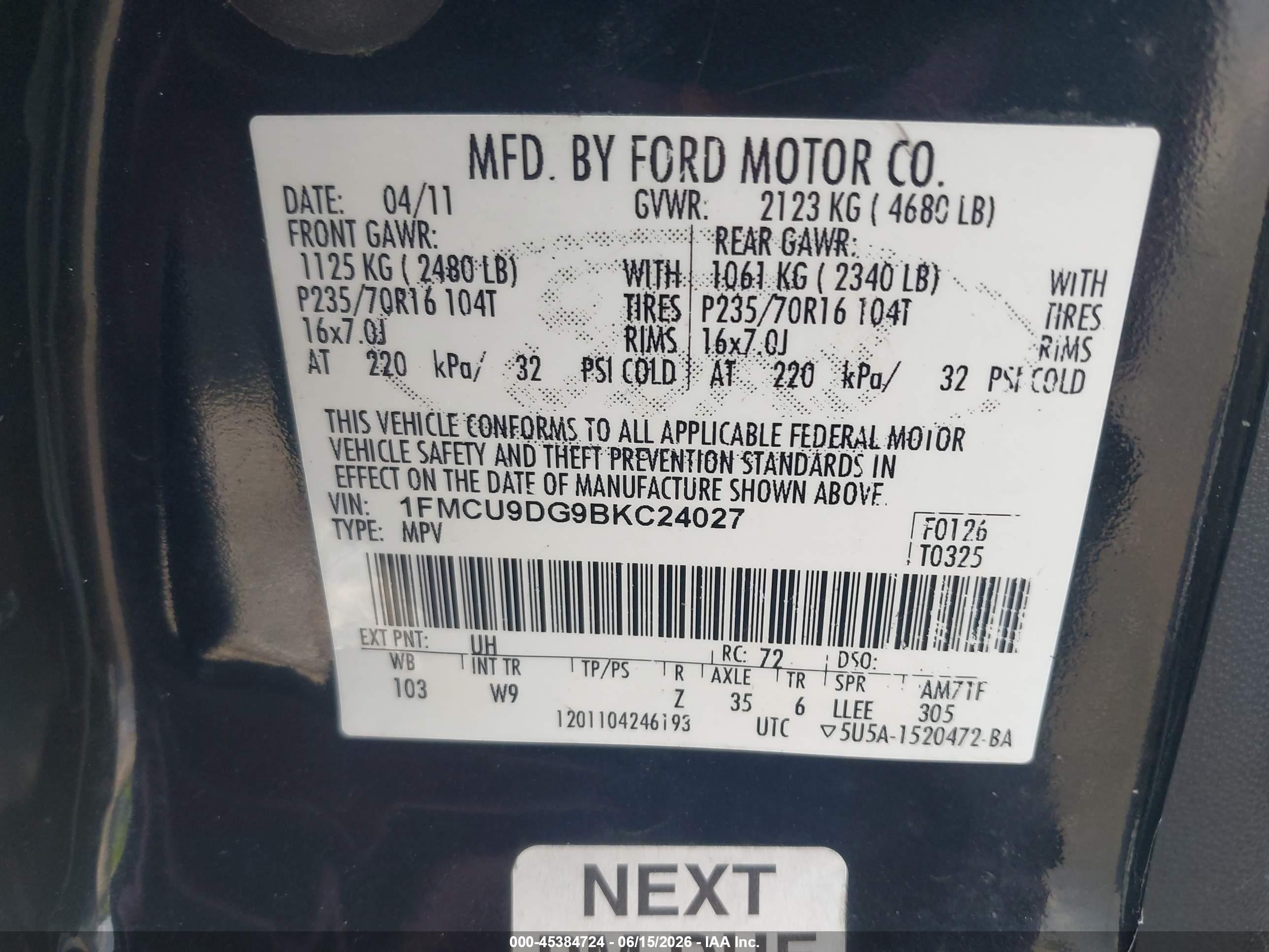 2011 Ford Escape Xlt Black vin: 1FMCU9DG9BKC24027