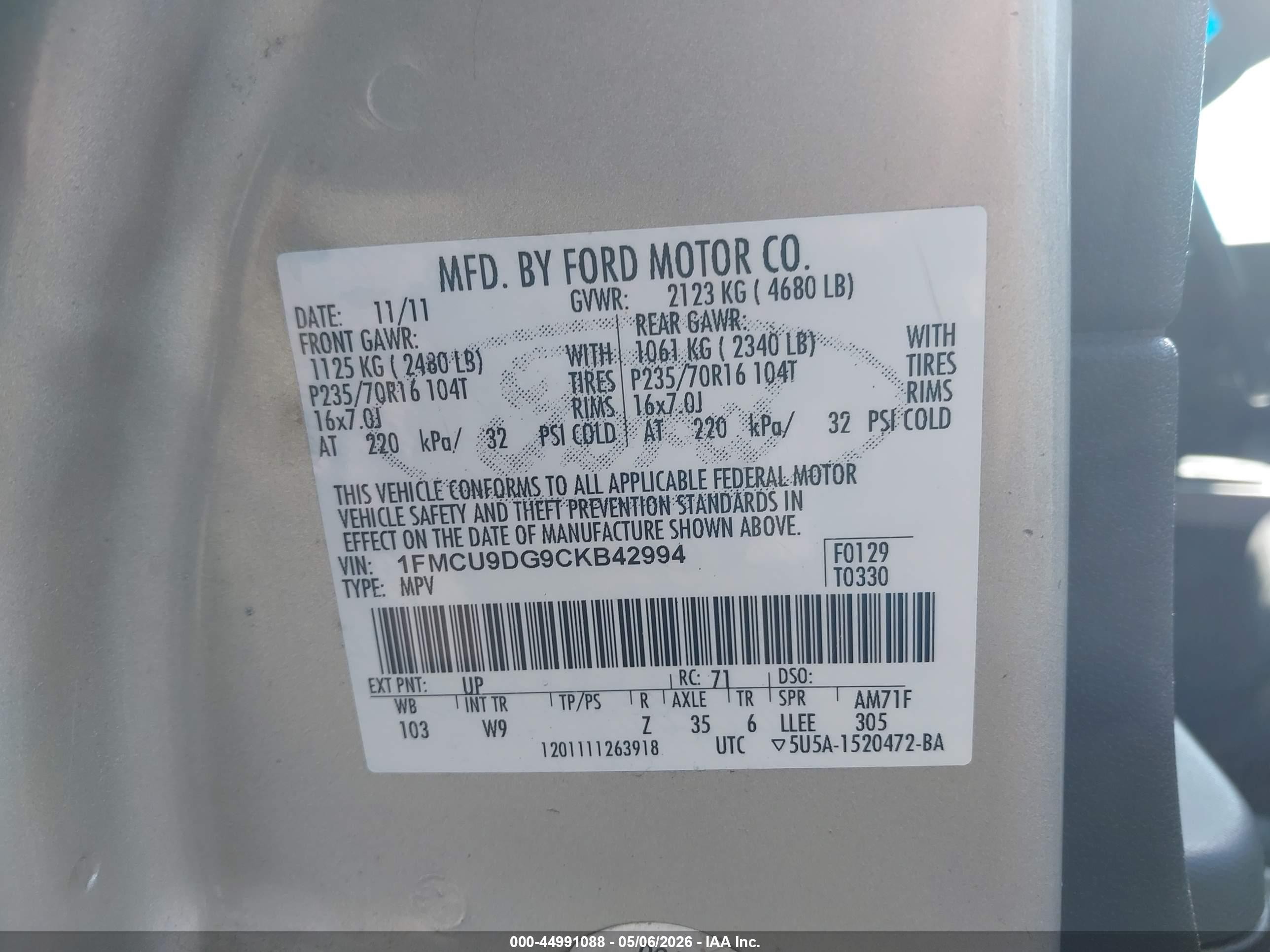 2012 Ford Escape Xlt Gold vin: 1FMCU9DG9CKB42994