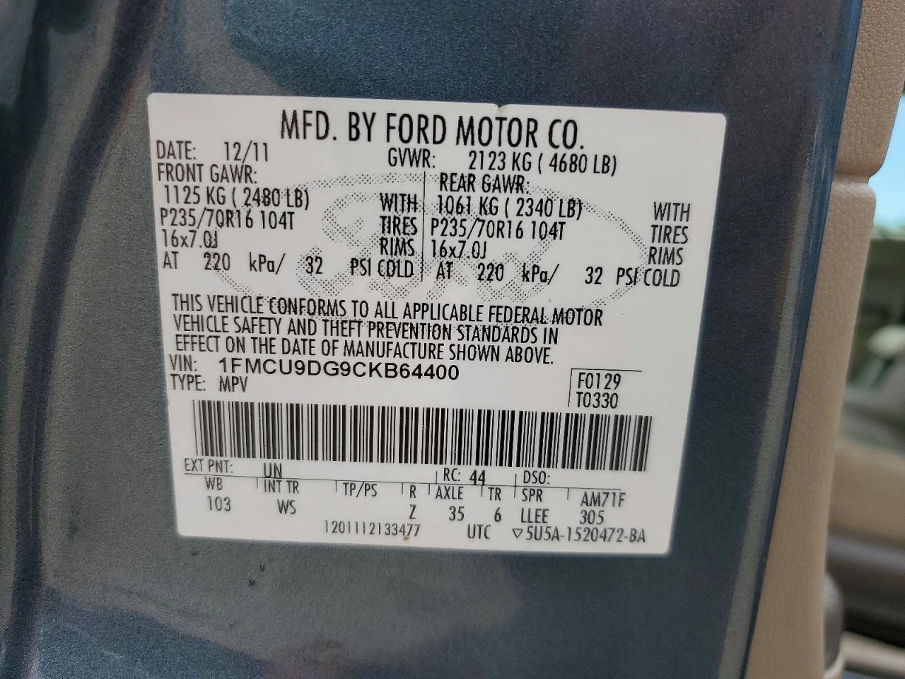 2012 Ford Escape Xlt Blue vin: 1FMCU9DG9CKB64400