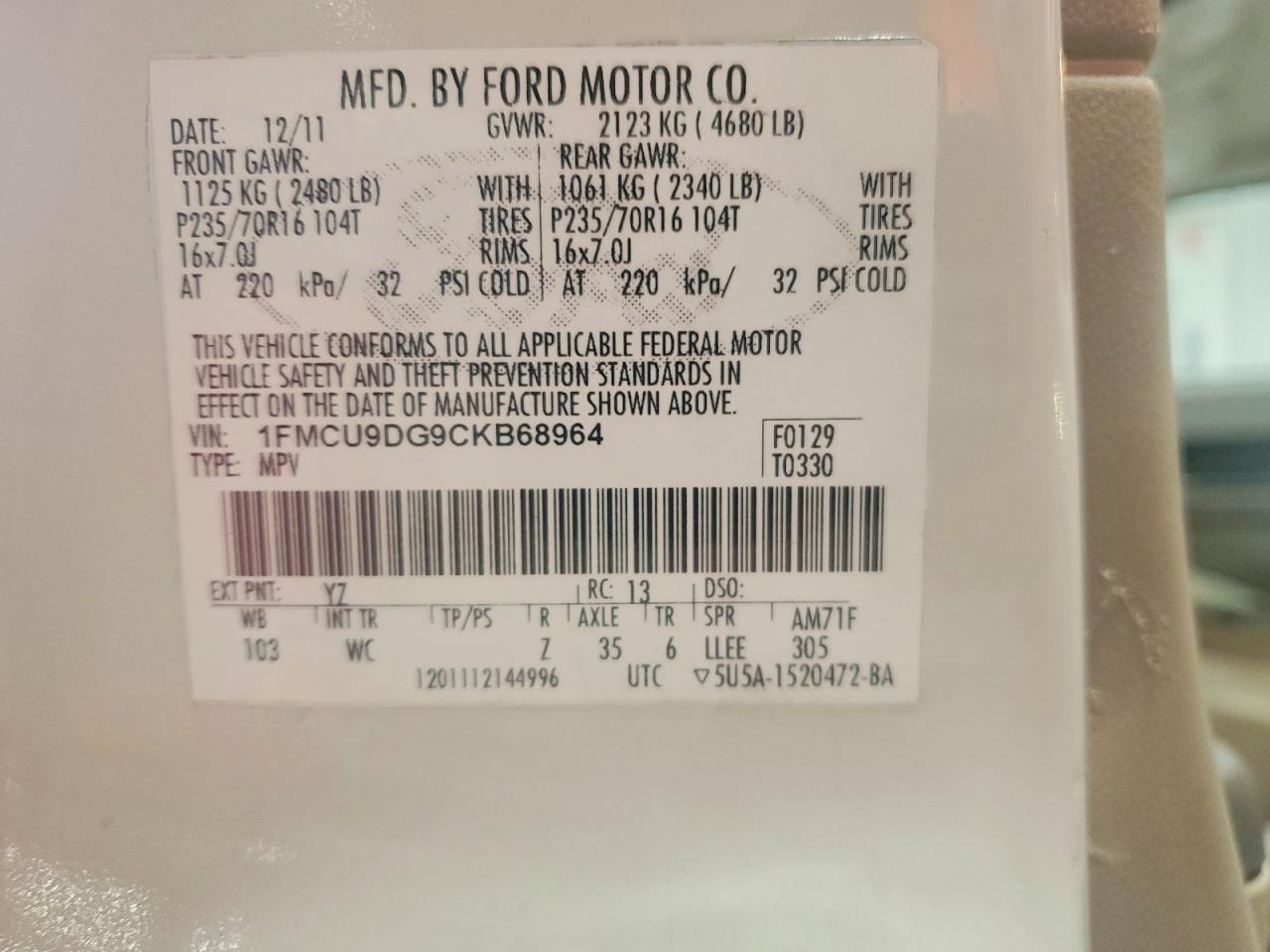 2012 Ford Escape Xlt White vin: 1FMCU9DG9CKB68964
