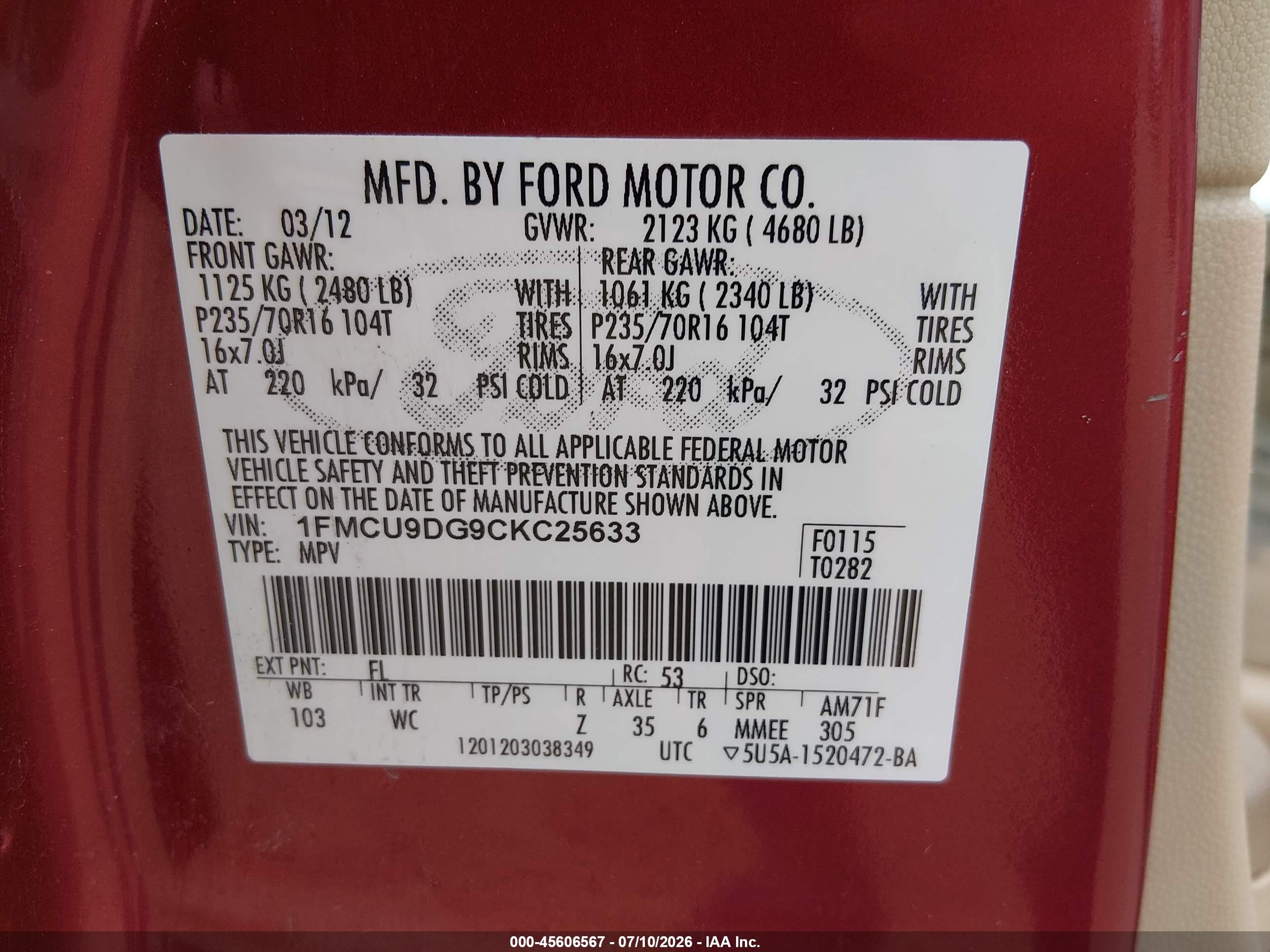 2012 Ford Escape Xlt Maroon vin: 1FMCU9DG9CKC25633