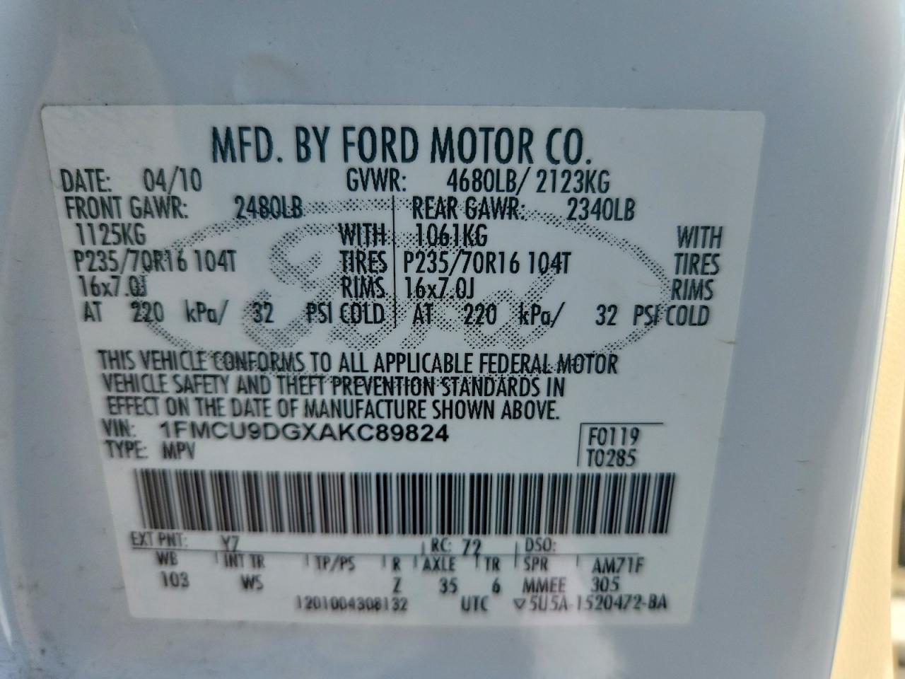 2010 Ford Escape Xlt White vin: 1FMCU9DGXAKC89824