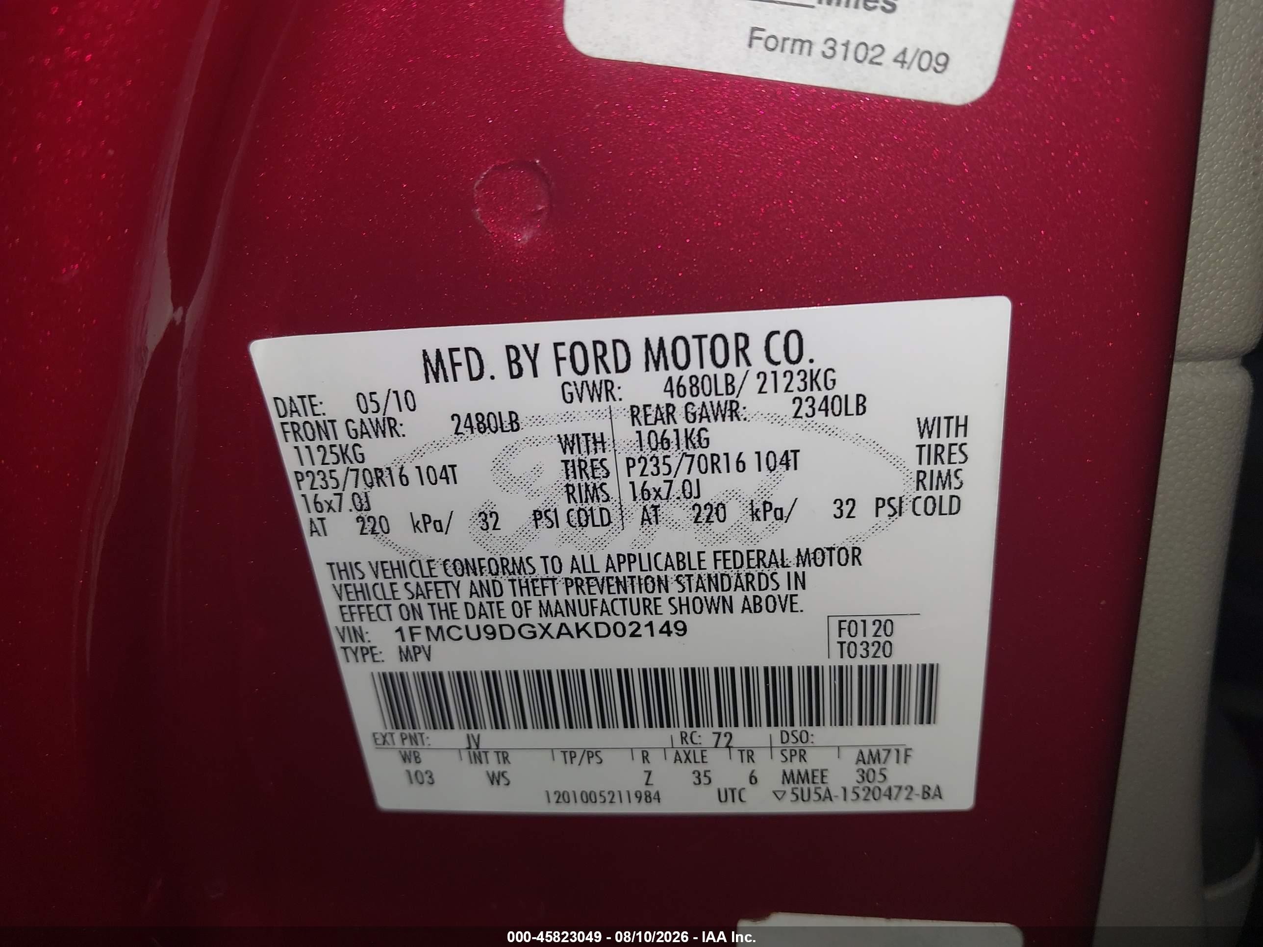 2010 Ford Escape Xlt Red vin: 1FMCU9DGXAKD02149