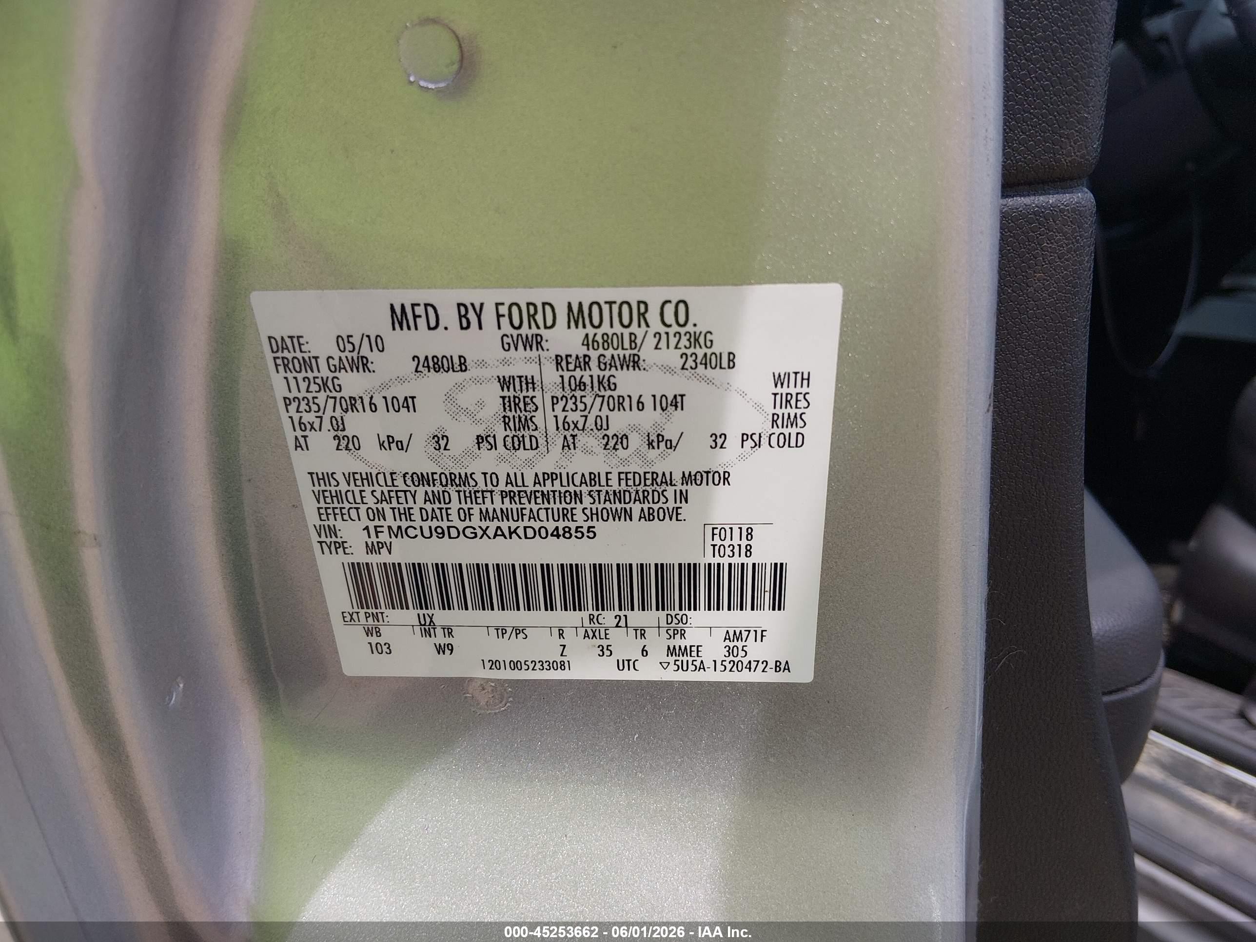 2010 Ford Escape Xlt Silver vin: 1FMCU9DGXAKD04855