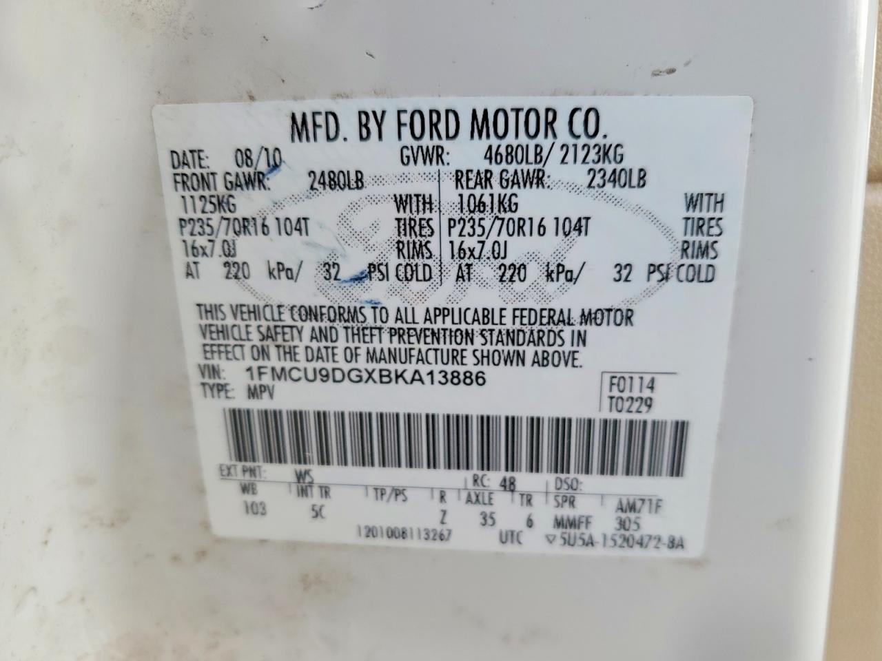 2011 Ford Escape Xlt White vin: 1FMCU9DGXBKA13886
