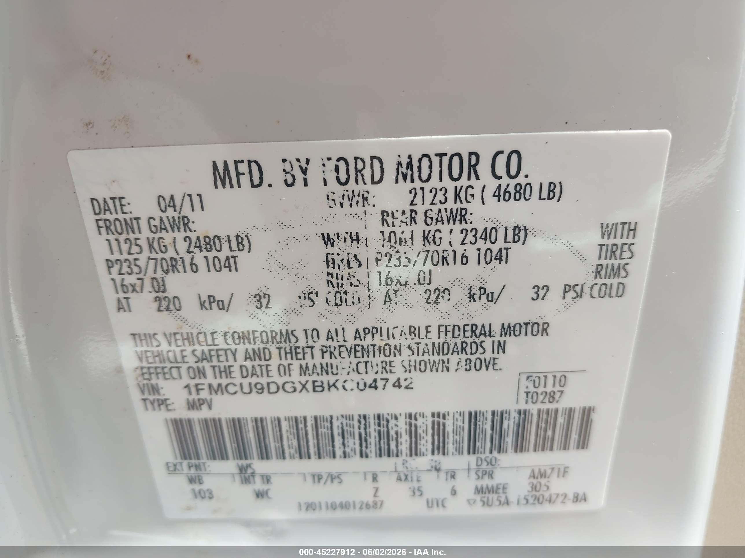 2011 Ford Escape Xlt White vin: 1FMCU9DGXBKC04742