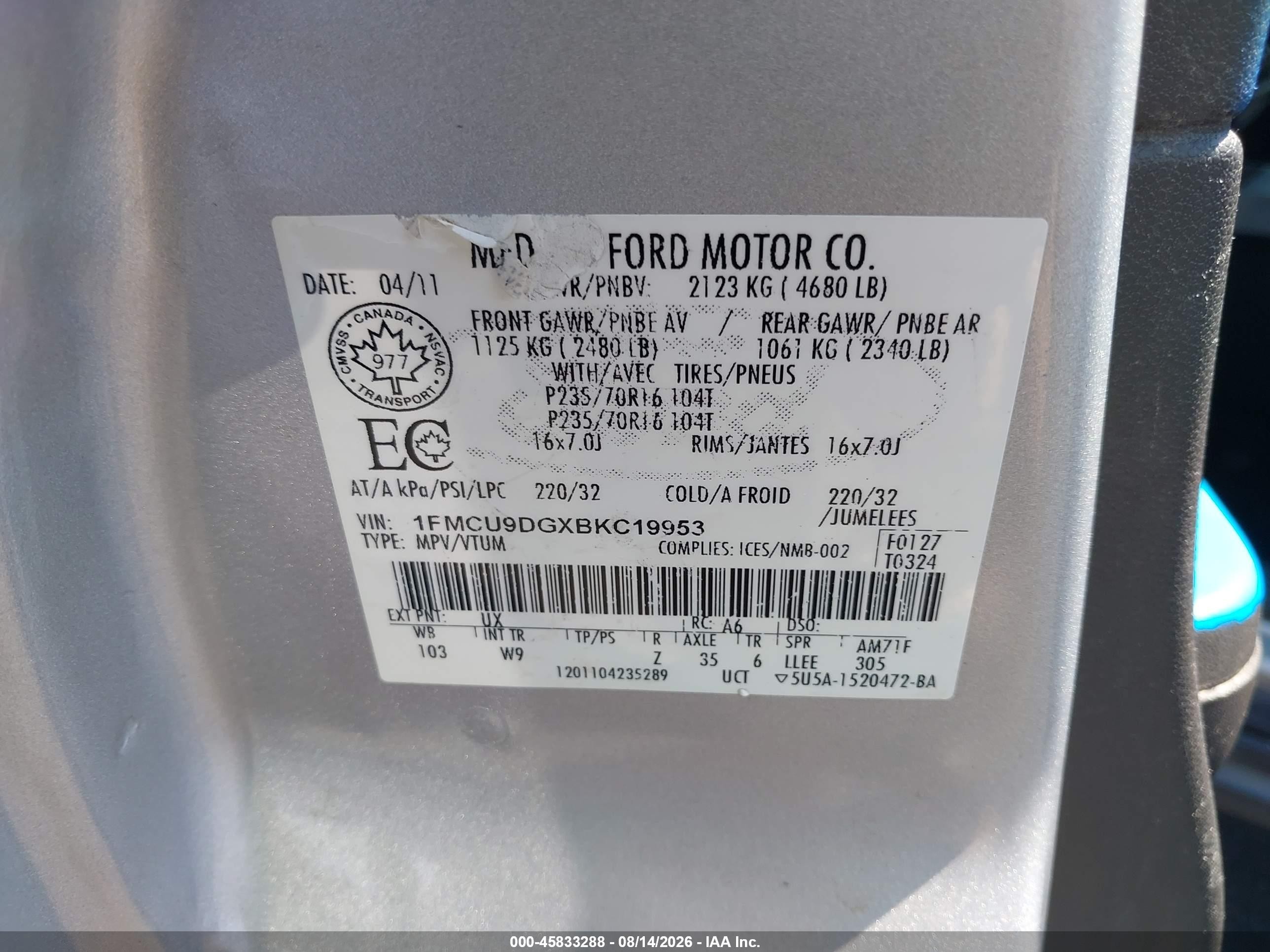 2011 Ford Escape Xlt Automatic Серебряный vin: 1FMCU9DGXBKC19953
