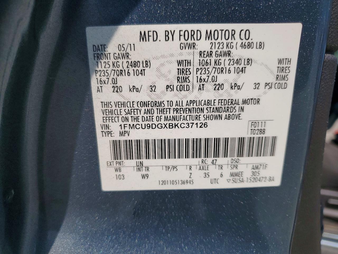 2011 Ford Escape Xlt Blue vin: 1FMCU9DGXBKC37126