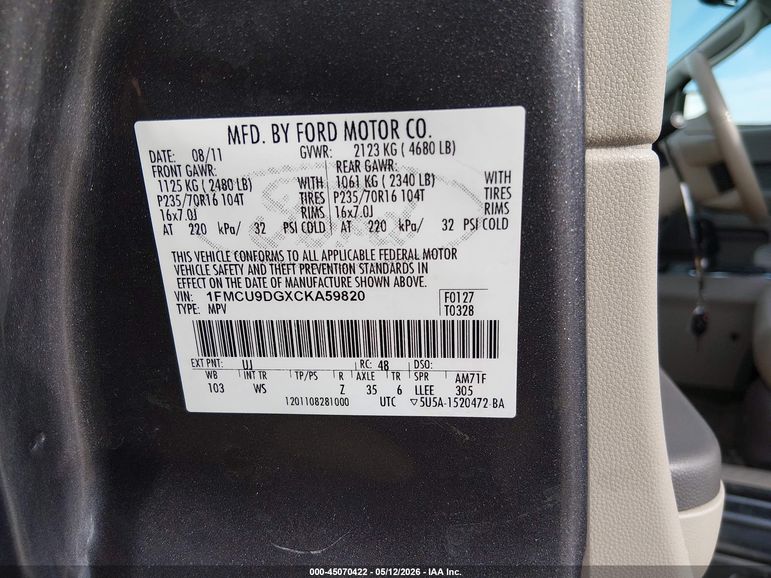2012 Ford Escape Xlt Gray vin: 1FMCU9DGXCKA59820