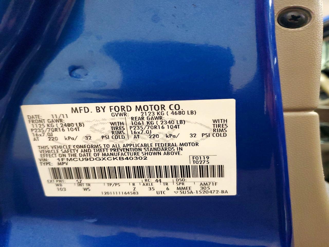 2012 Ford Escape Xlt Blue vin: 1FMCU9DGXCKB40302
