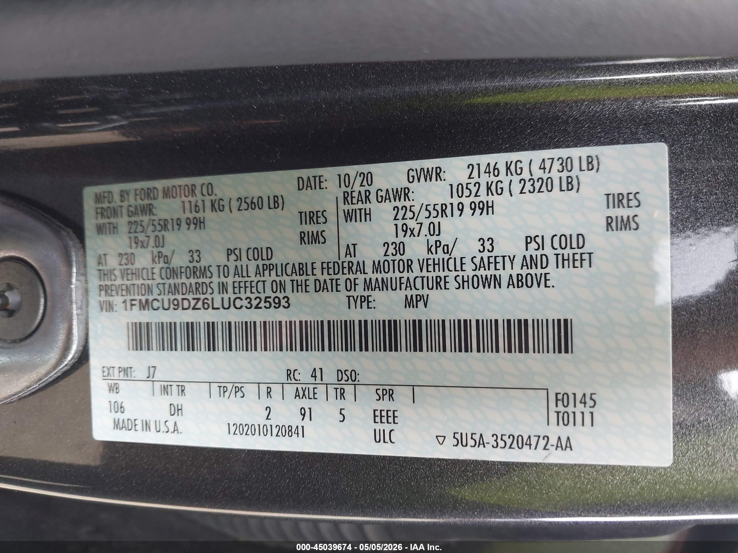 2020 Ford Escape Titanium Hybrid Gray vin: 1FMCU9DZ6LUC32593