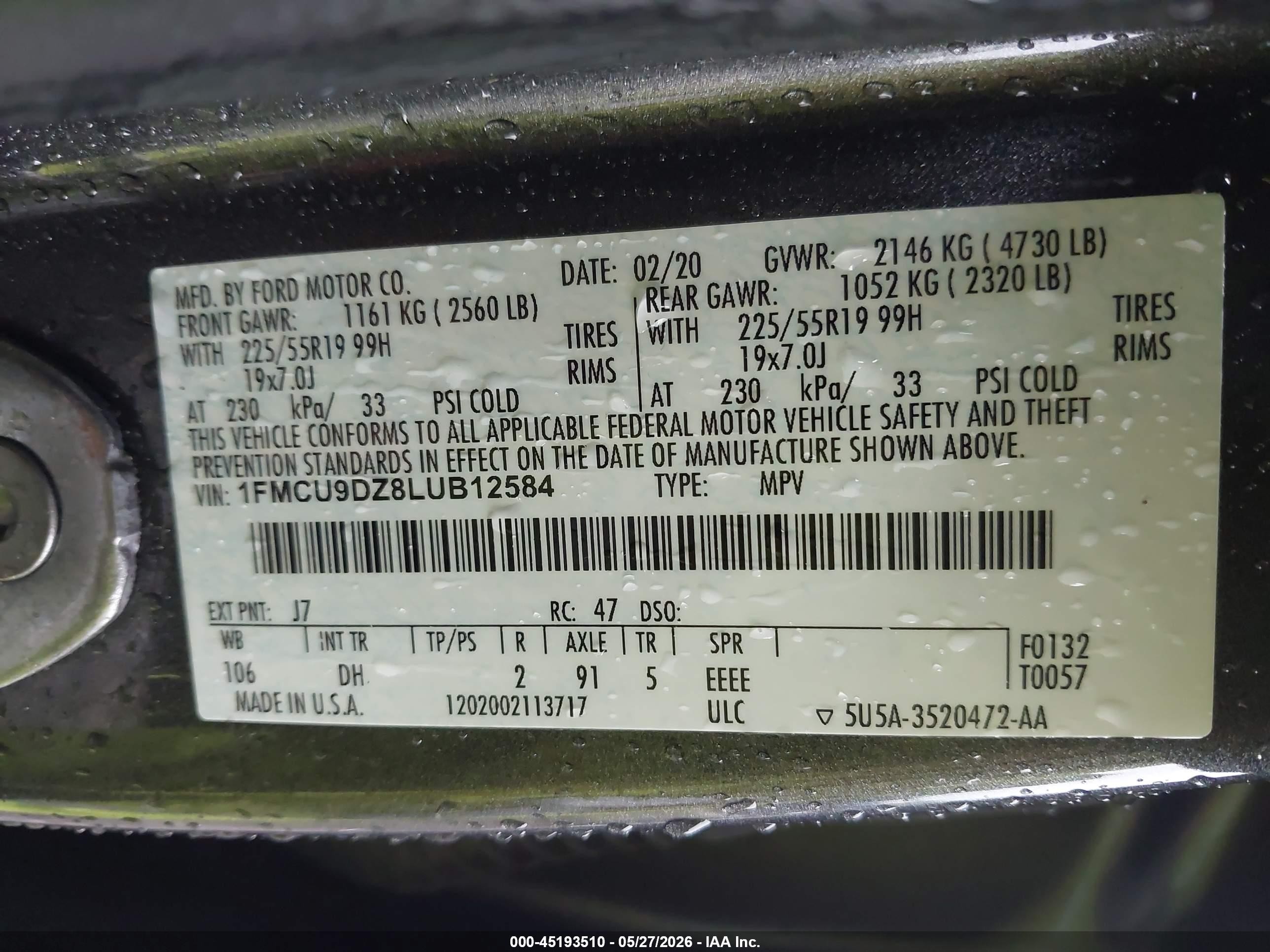 2020 Ford Escape Titanium Hybrid Gray vin: 1FMCU9DZ8LUB12584