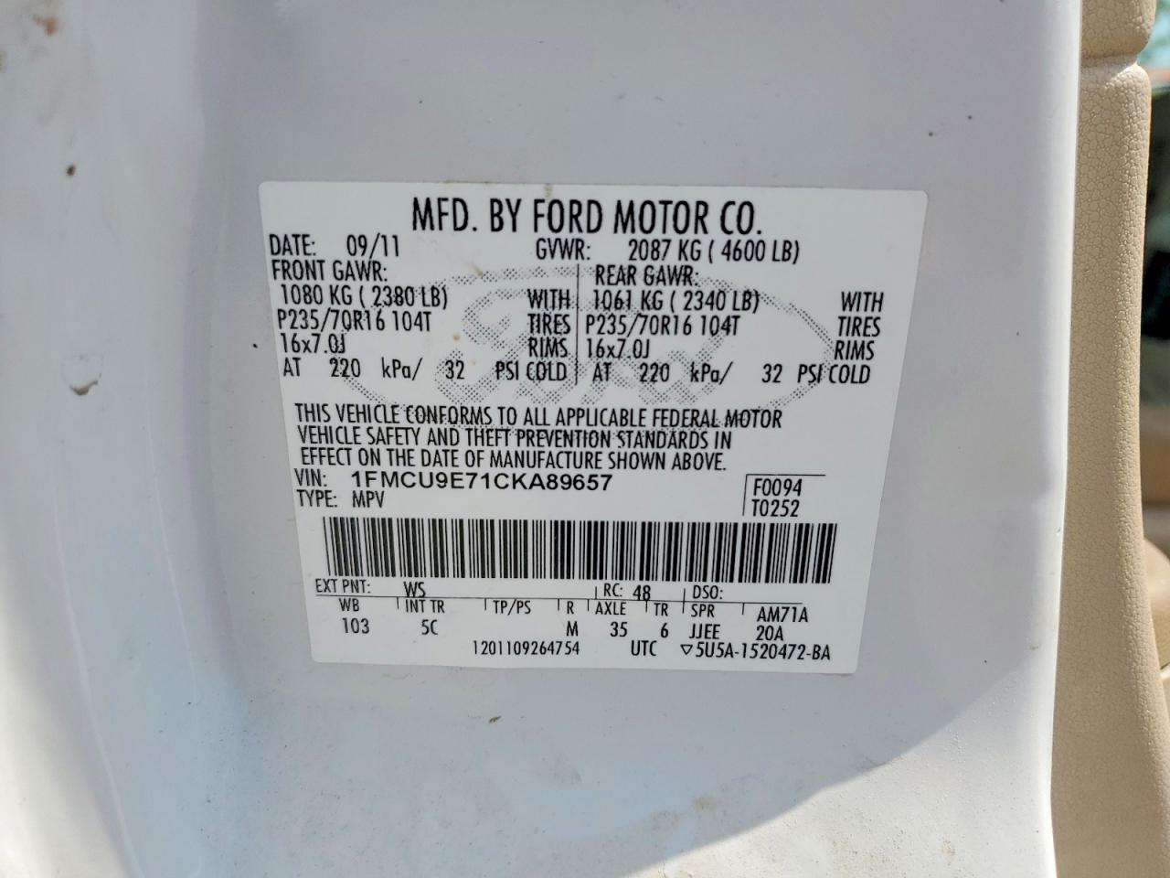 2012 Ford Escape Limited White vin: 1FMCU9E71CKA89657