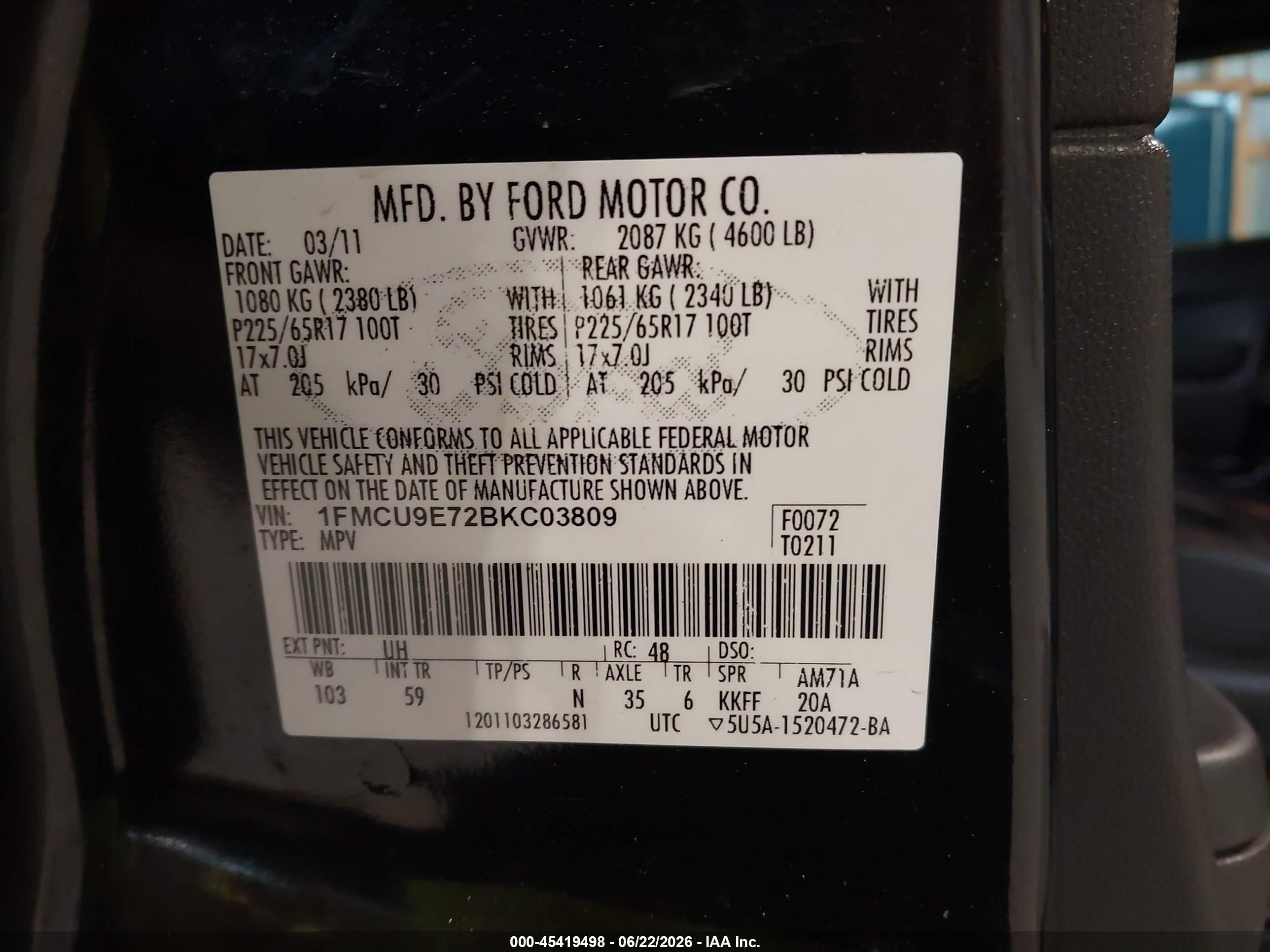 2011 Ford Escape Limited Black vin: 1FMCU9E72BKC03809