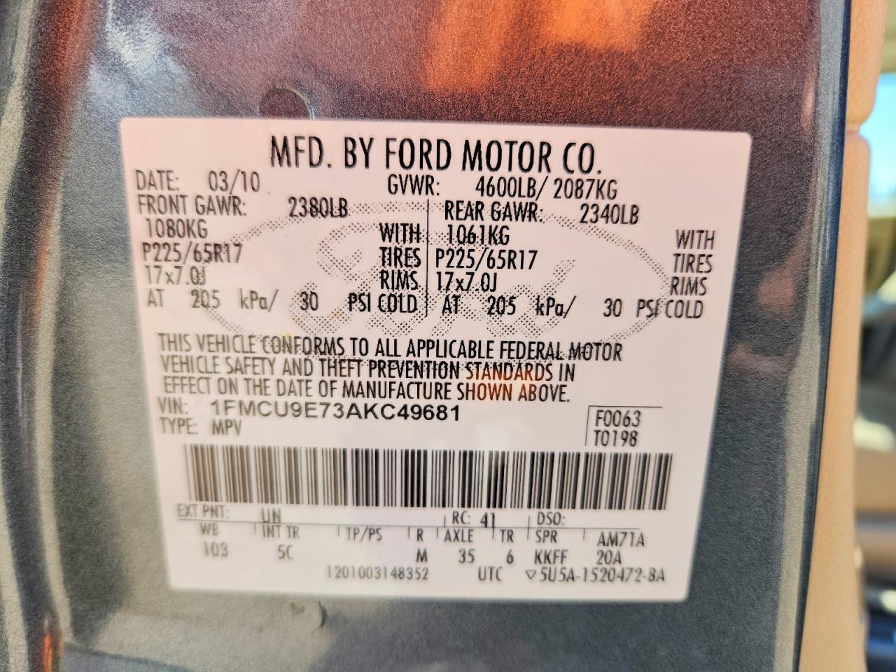 2010 Ford Escape Limited Blue vin: 1FMCU9E73AKC49681
