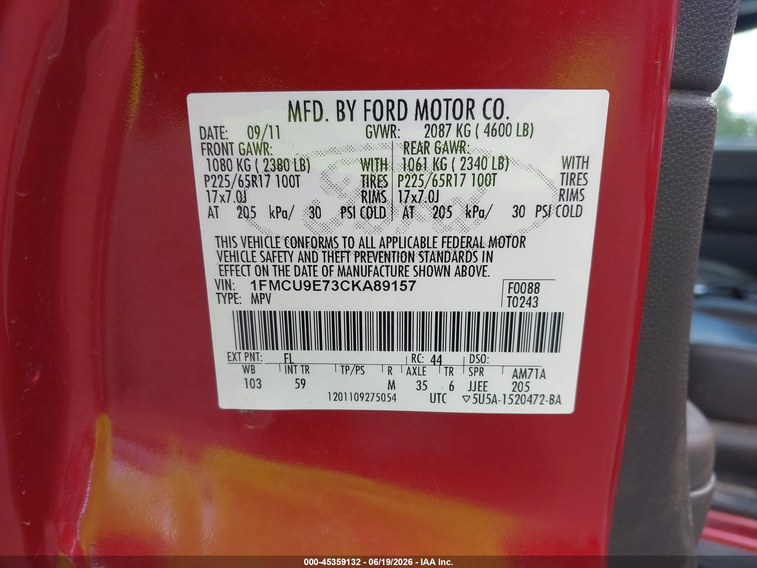 2012 Ford Escape Limited Red vin: 1FMCU9E73CKA89157