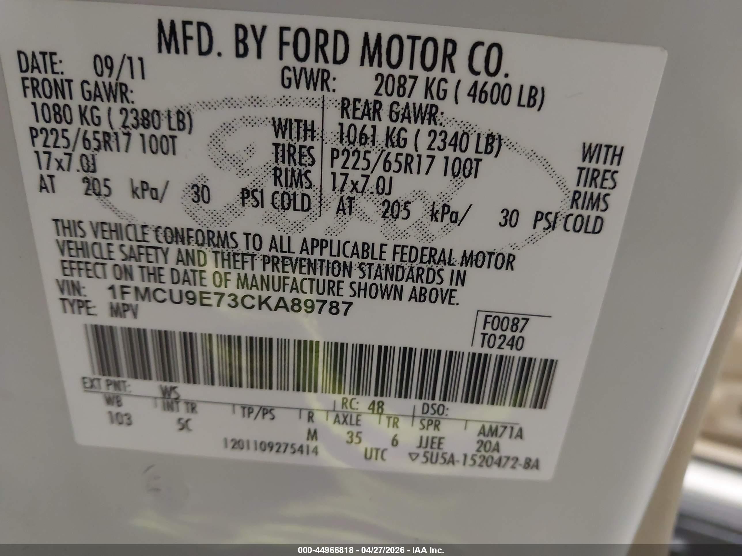2012 Ford Escape Limited White vin: 1FMCU9E73CKA89787