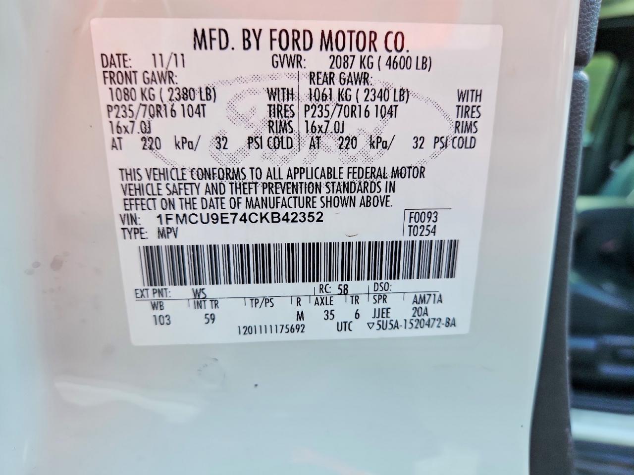 2012 Ford Escape Limited White vin: 1FMCU9E74CKB42352