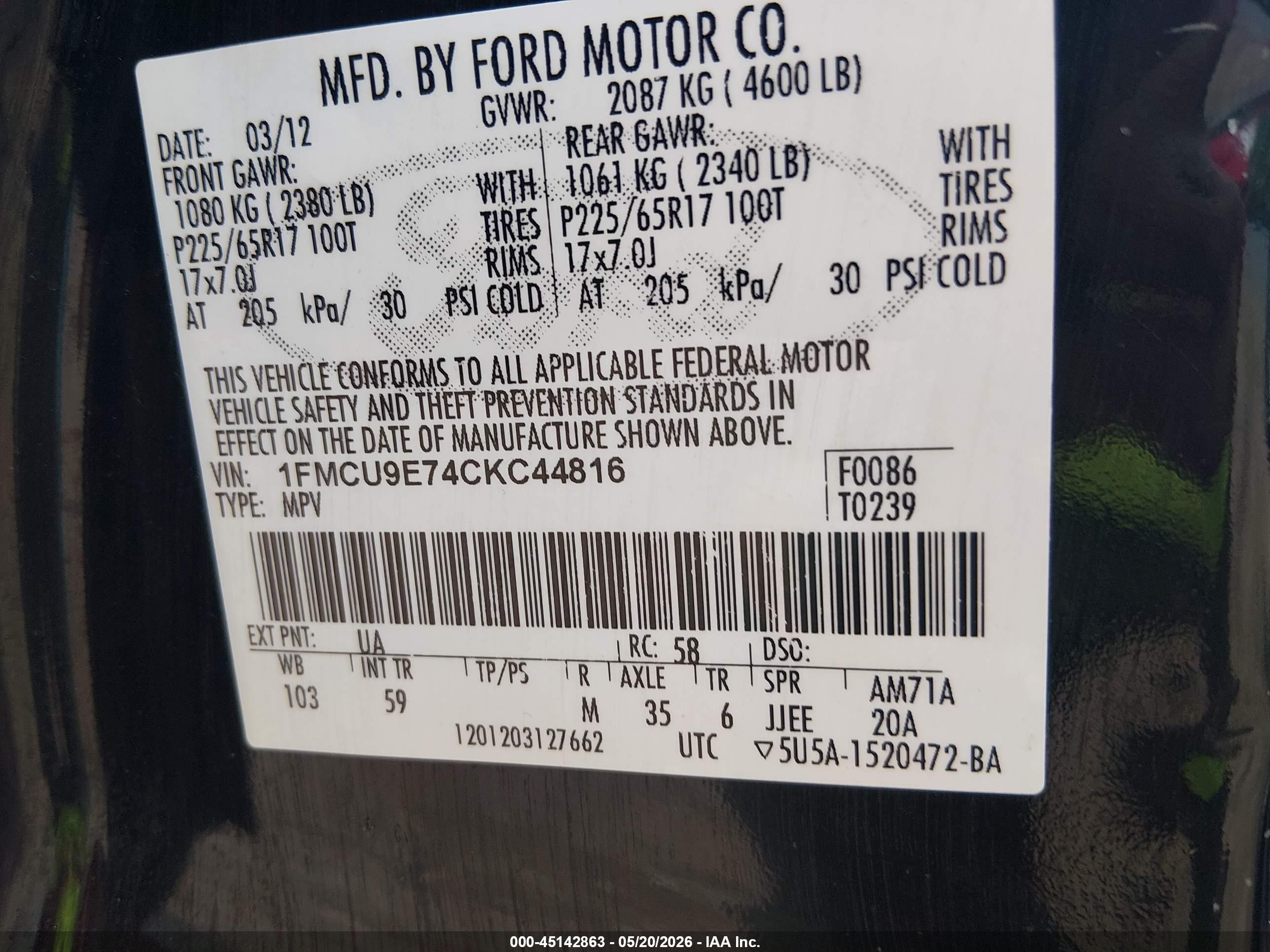 2012 Ford Escape Limited Black vin: 1FMCU9E74CKC44816