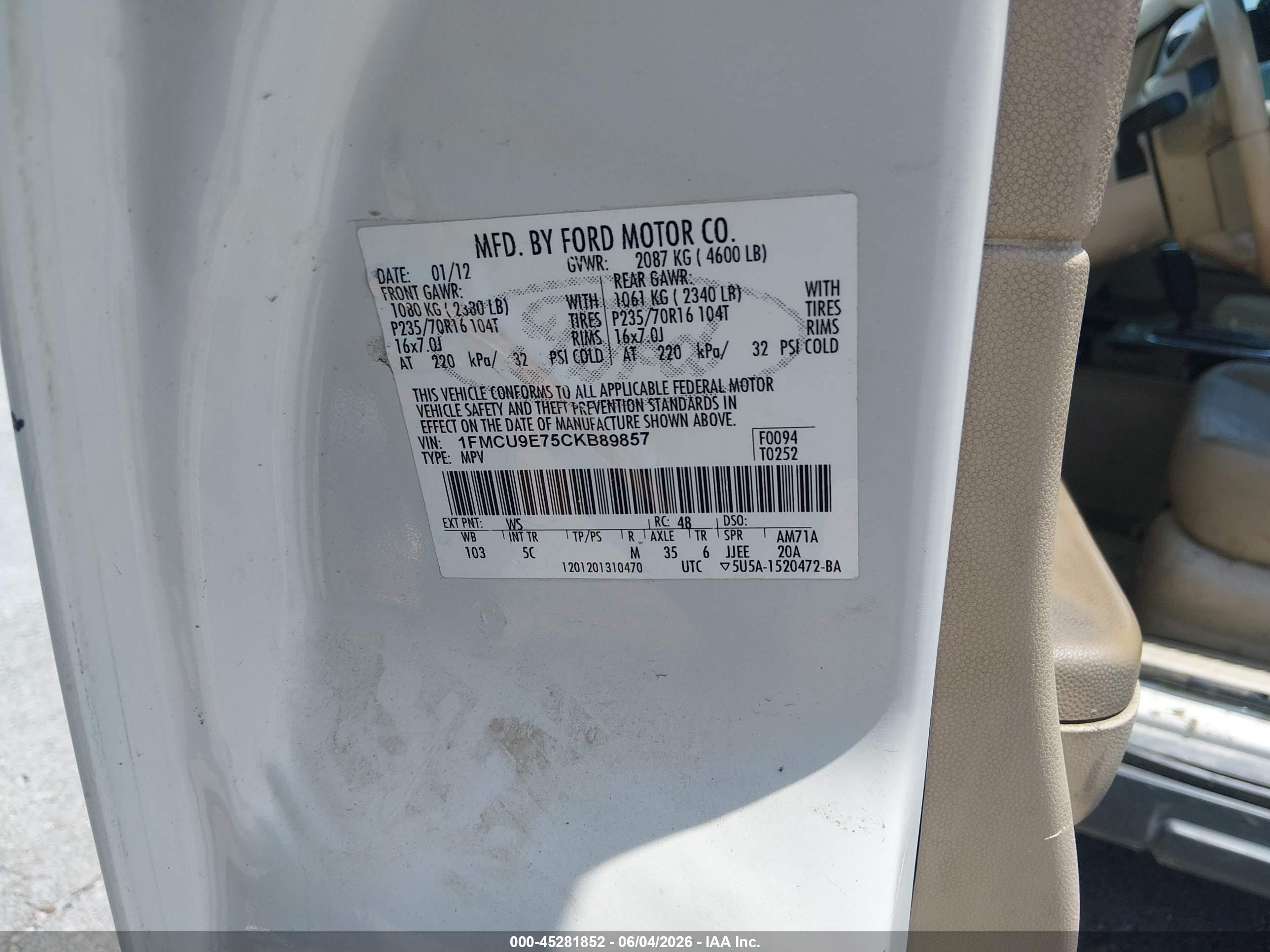 2012 Ford Escape Limited White vin: 1FMCU9E75CKB89857