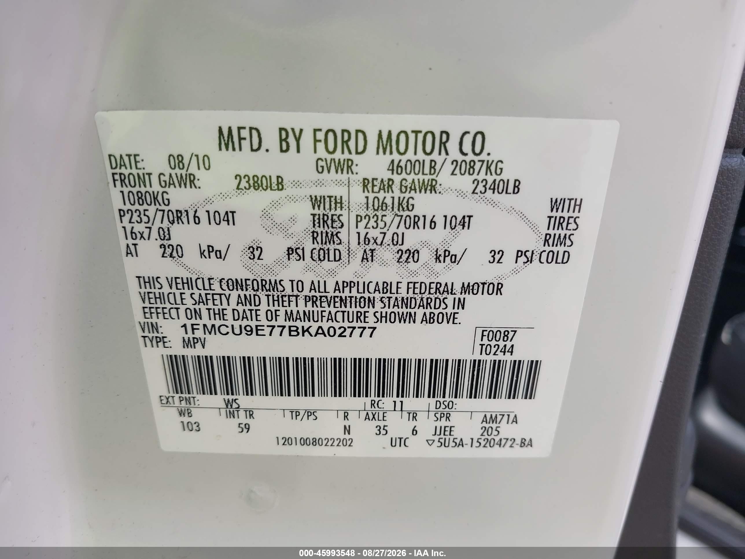 2011 Ford Escape Limited Белый vin: 1FMCU9E77BKA02777