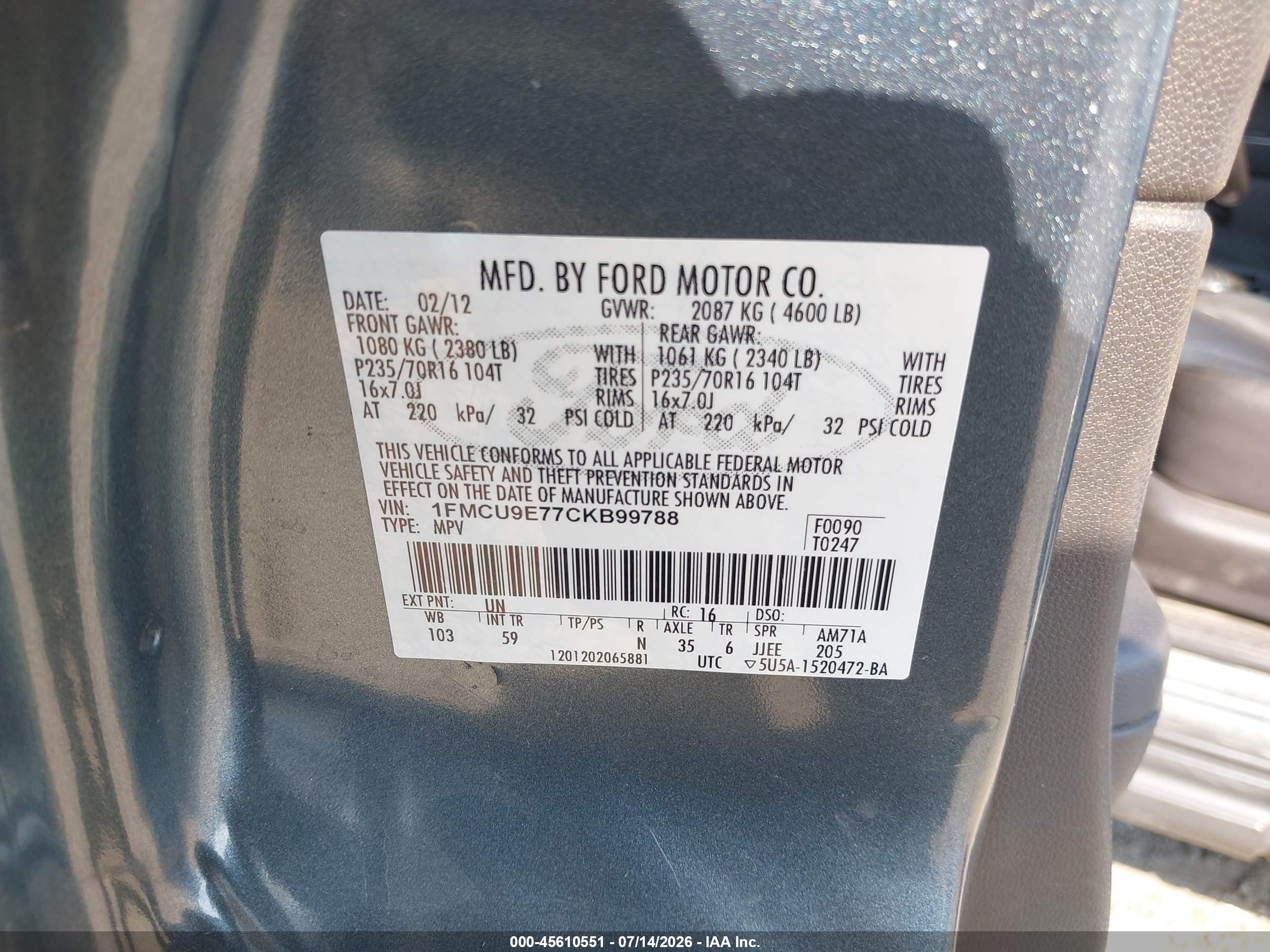 2012 Ford Escape Limited Teal vin: 1FMCU9E77CKB99788