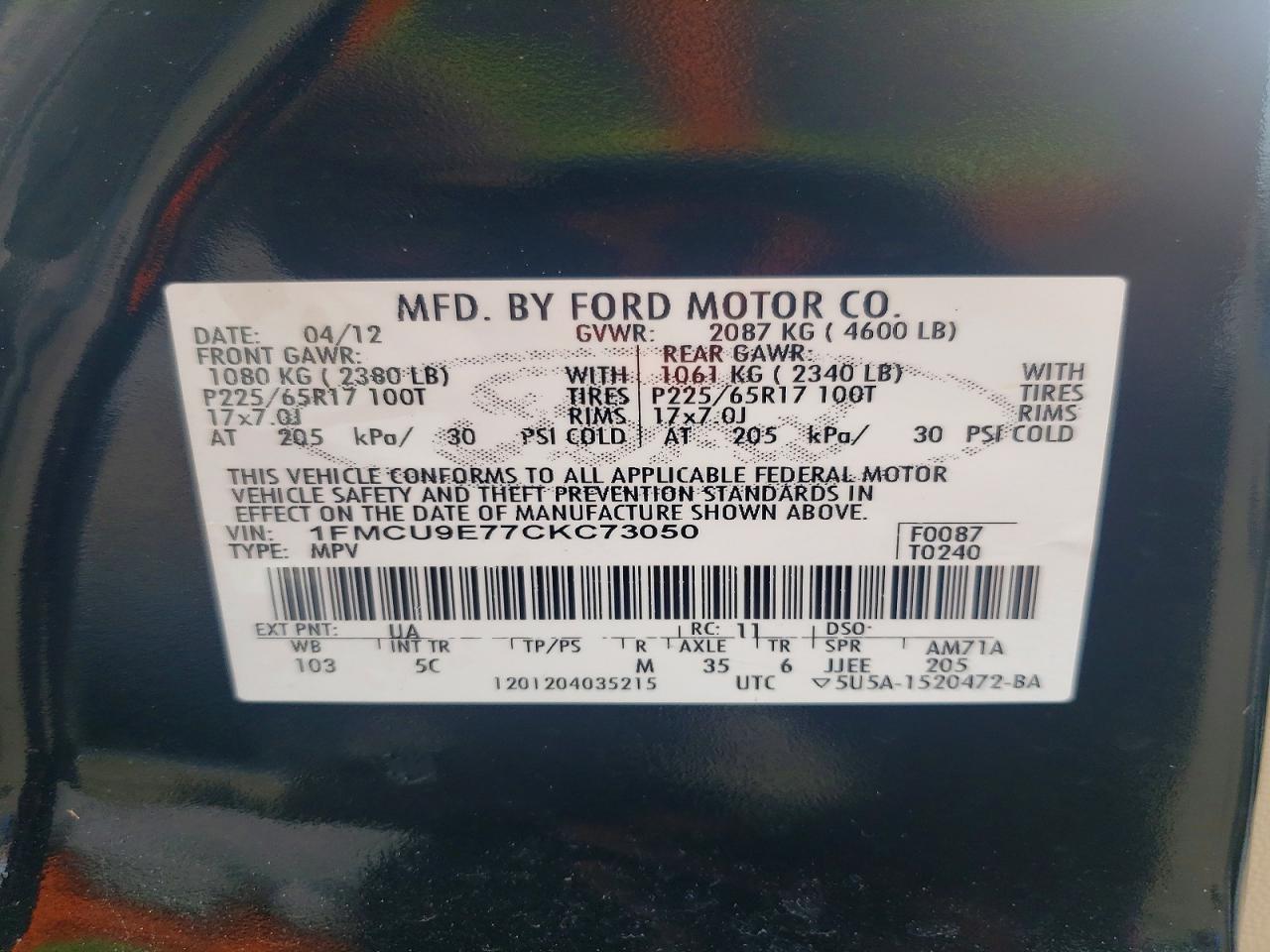 2012 Ford Escape Limited Black vin: 1FMCU9E77CKC73050