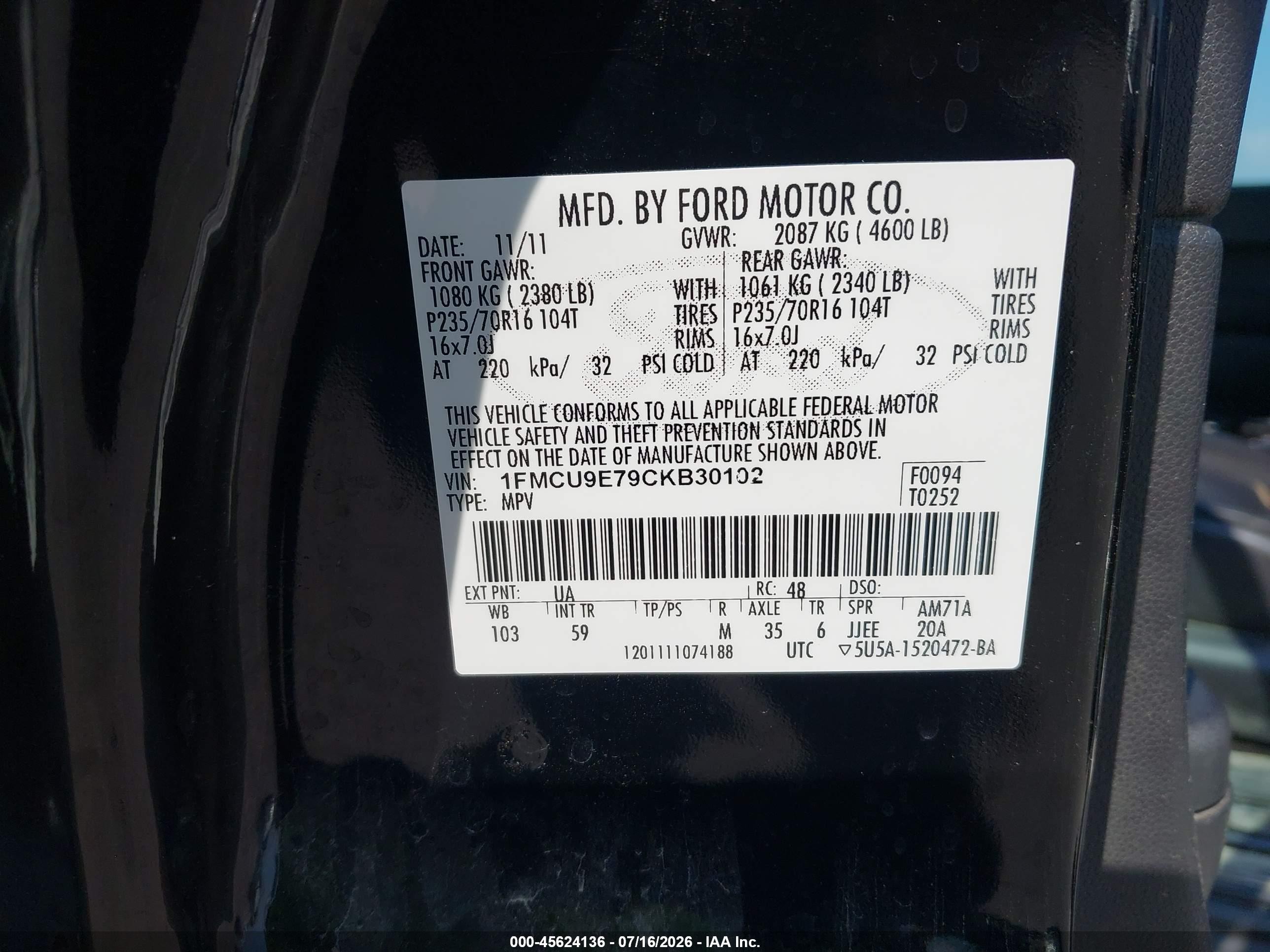 2012 Ford Escape Limited Black vin: 1FMCU9E79CKB30102