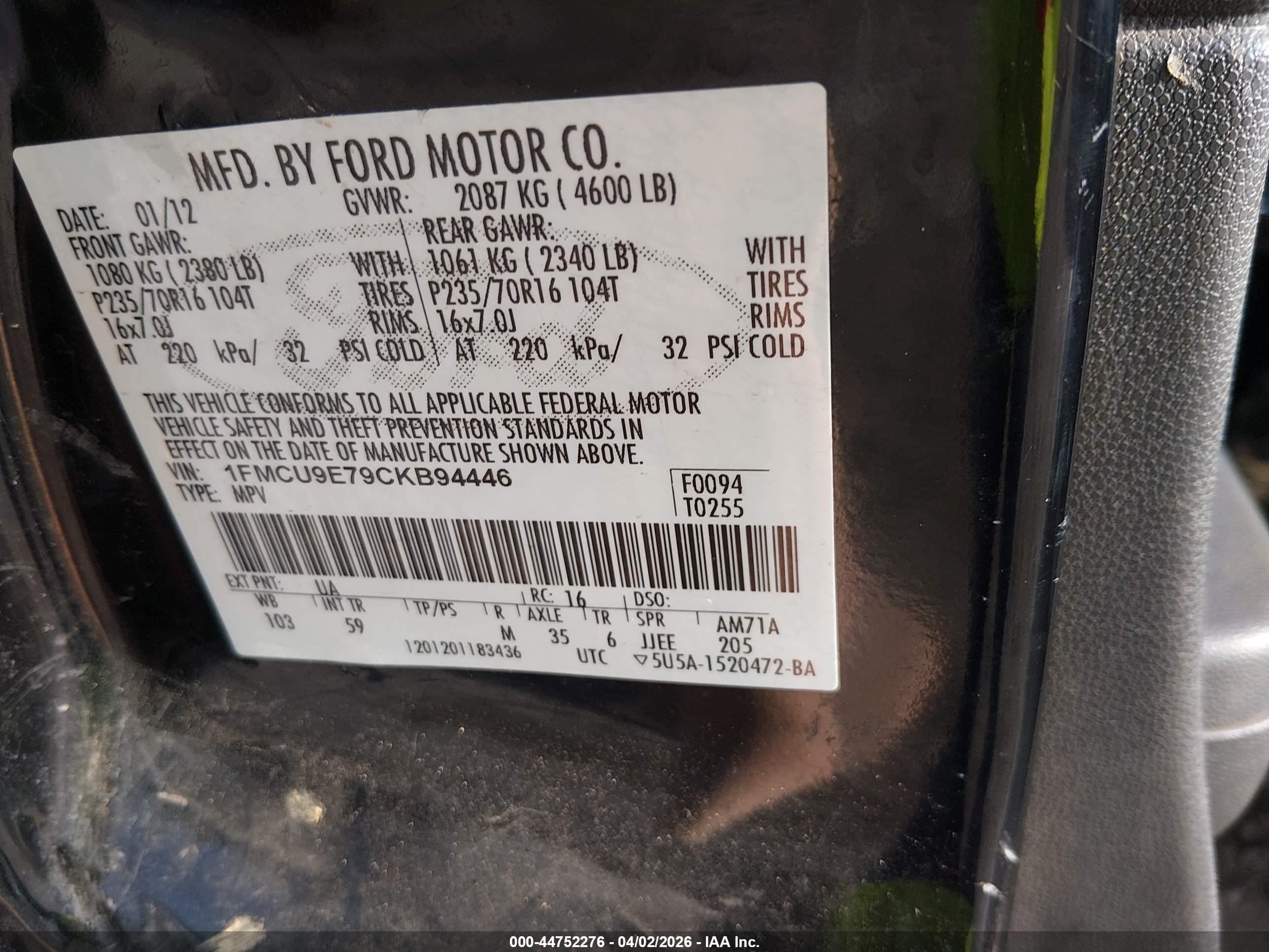 2012 Ford Escape Limited Black vin: 1FMCU9E79CKB94446