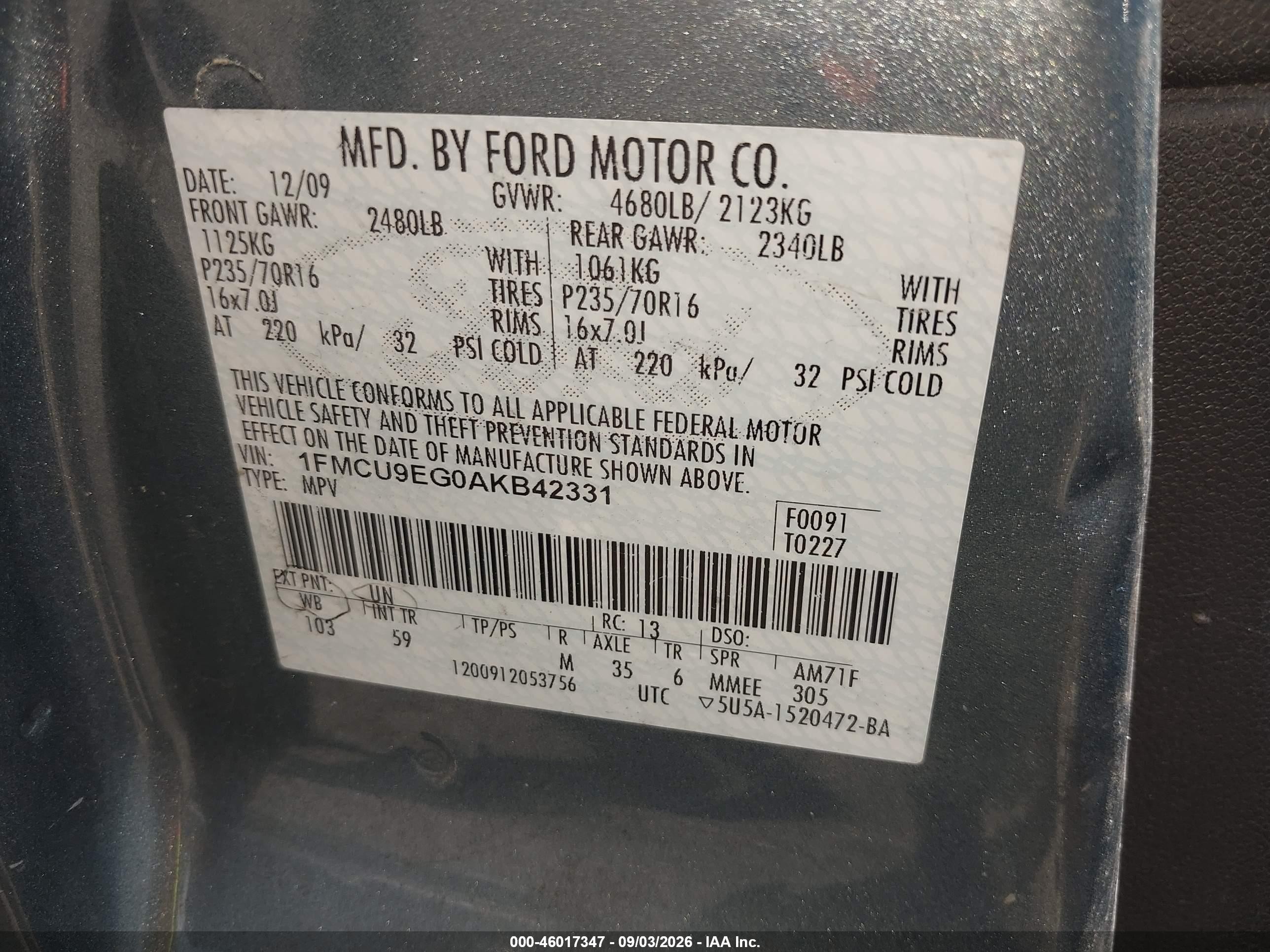 2010 Ford Escape Limited Blue vin: 1FMCU9EG0AKB42331