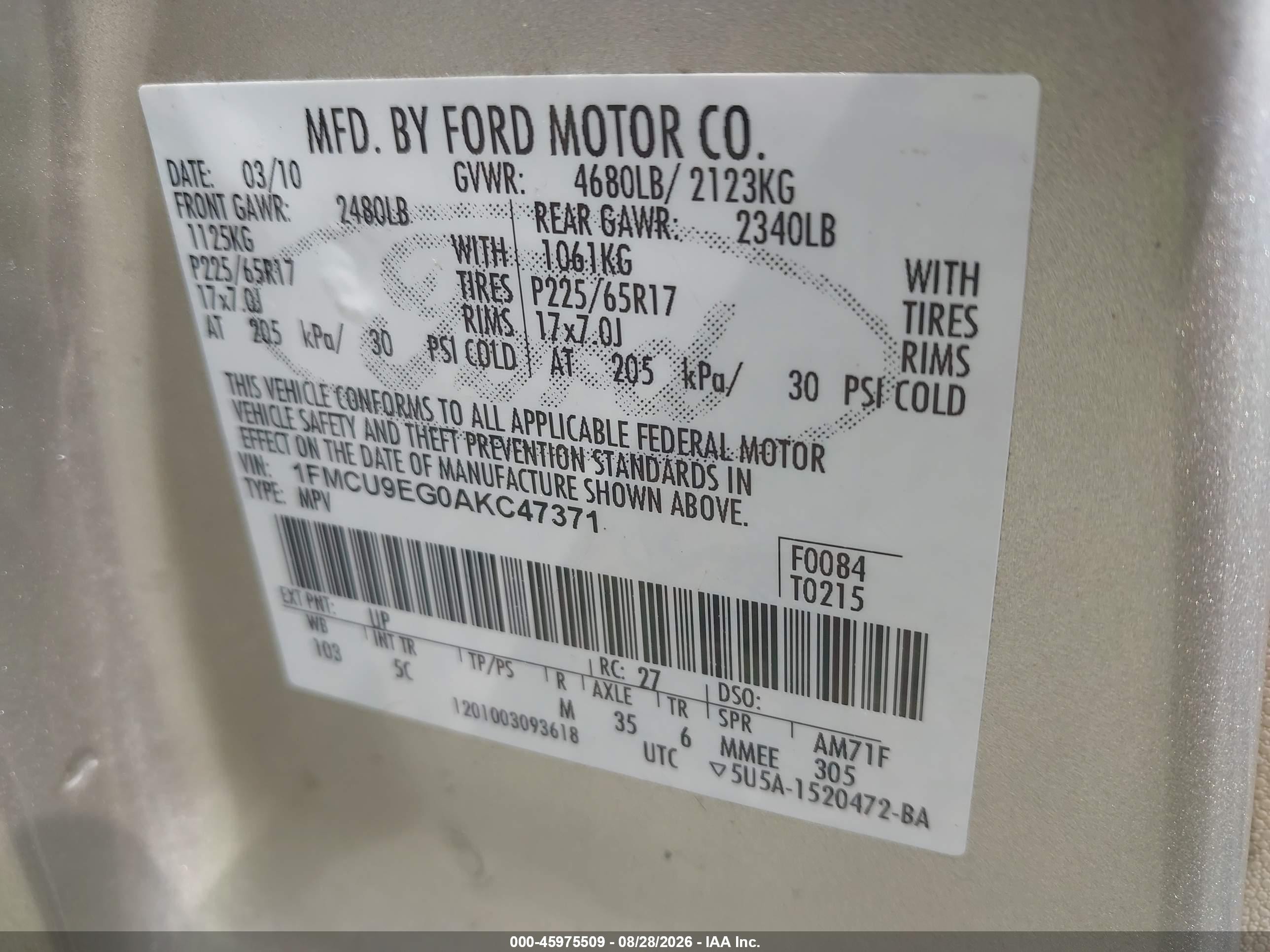 2010 Ford Escape Limited Beige vin: 1FMCU9EG0AKC47371