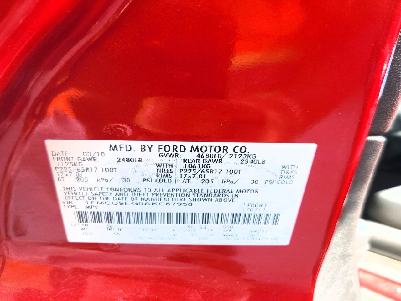 2010 Ford Escape Limited Red vin: 1FMCU9EG0AKC67958