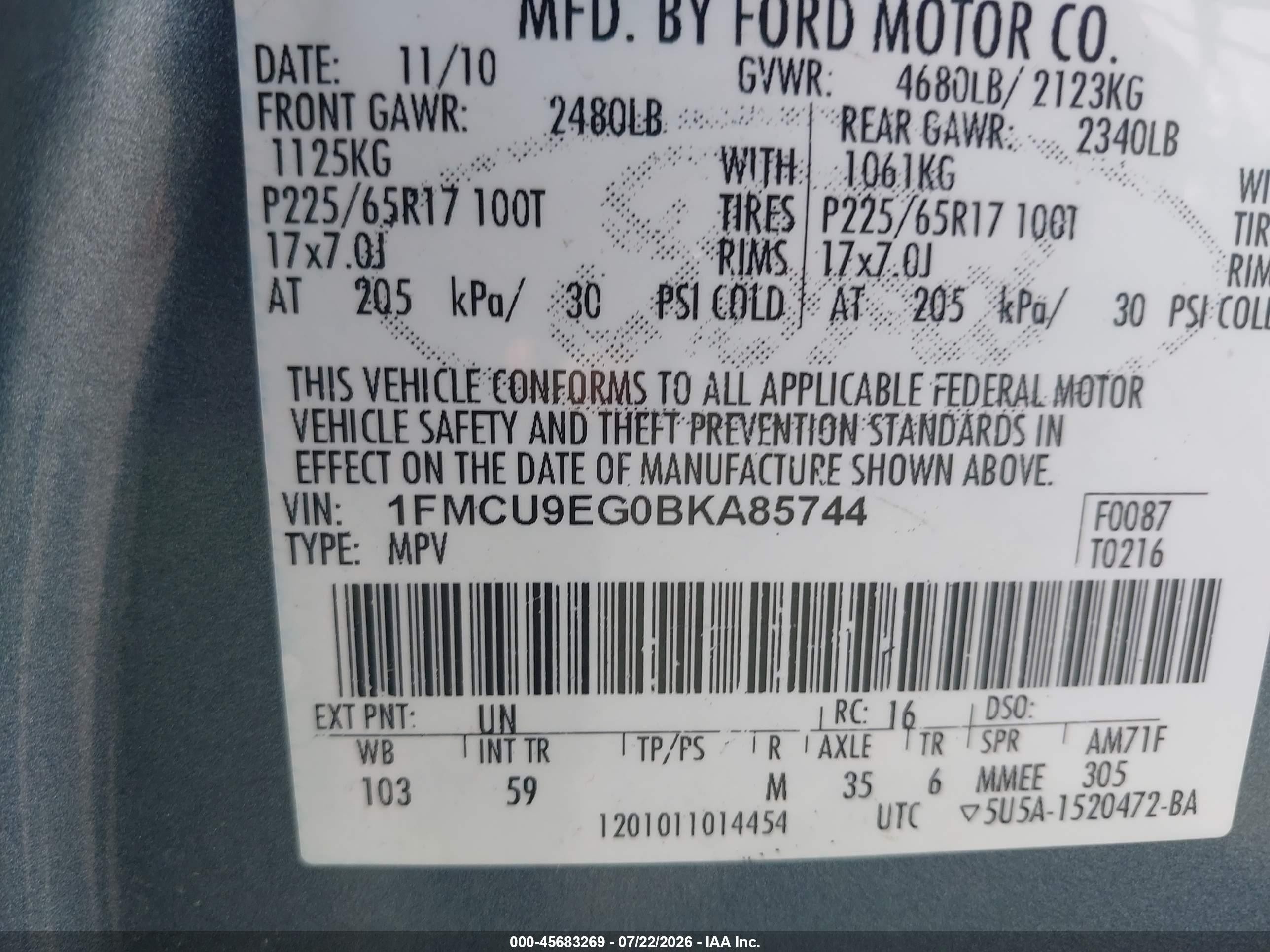 2011 Ford Escape Limited Blue vin: 1FMCU9EG0BKA85744
