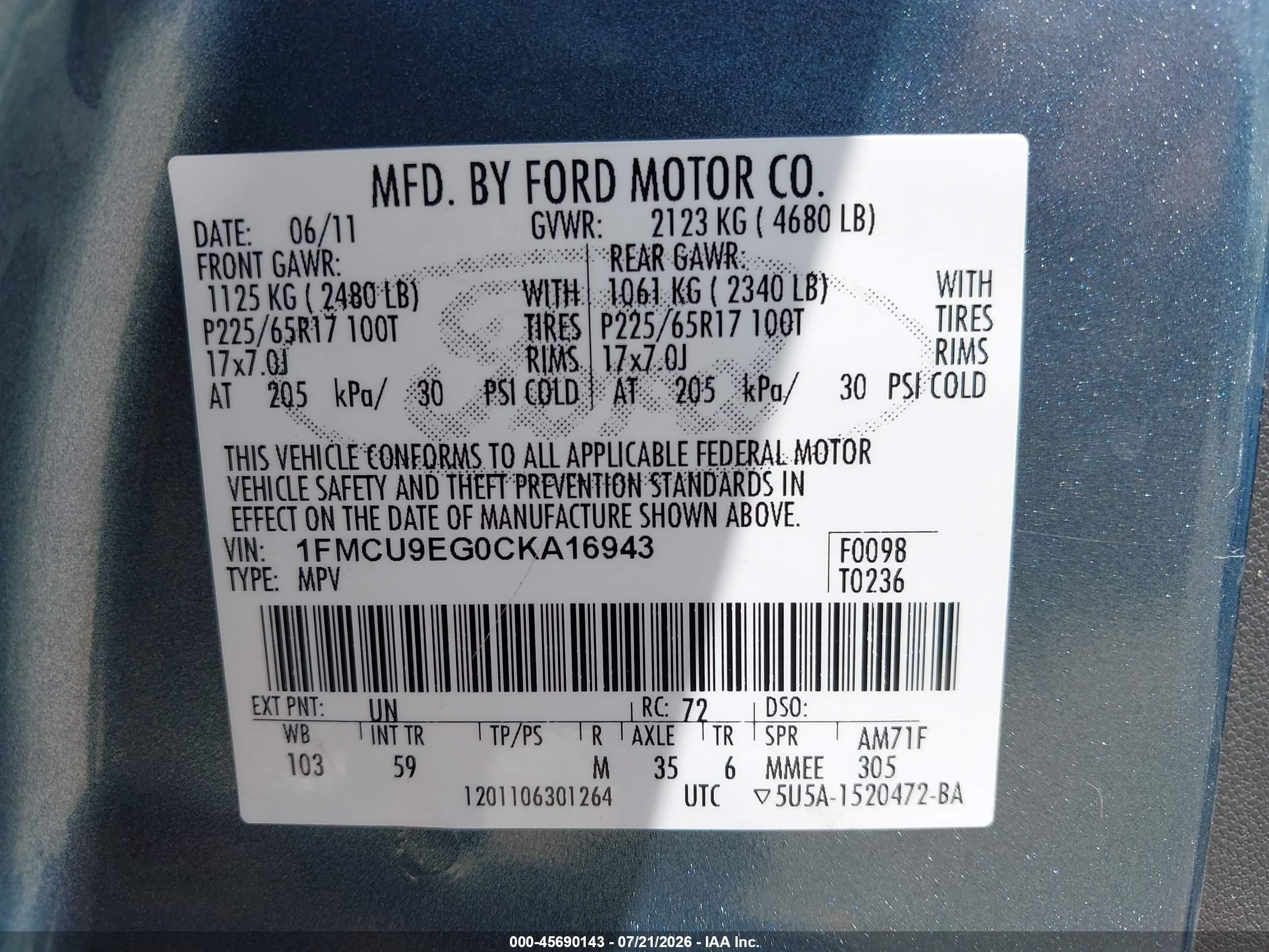 2012 Ford Escape Limited Light Blue vin: 1FMCU9EG0CKA16943