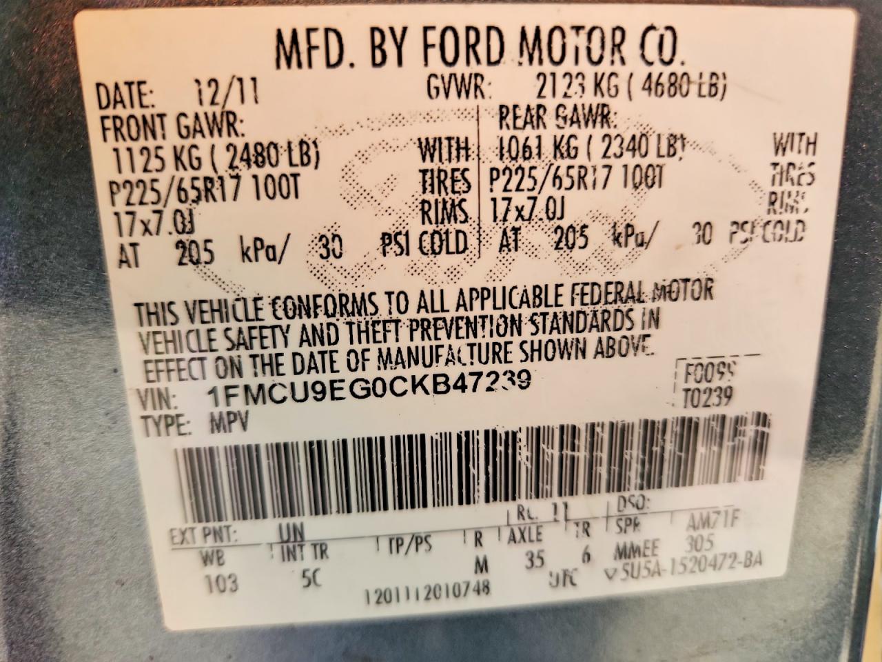 2012 Ford Escape Limited Blue vin: 1FMCU9EG0CKB47239