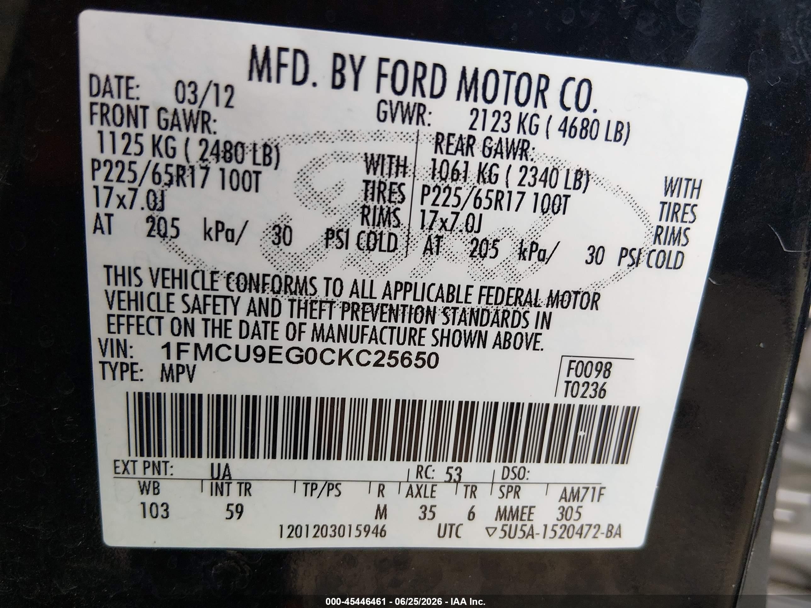 2012 Ford Escape Limited Black vin: 1FMCU9EG0CKC25650