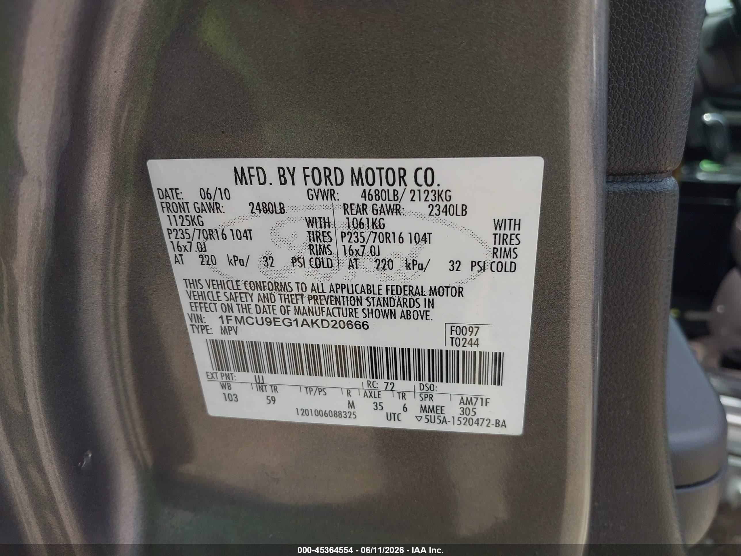 2010 Ford Escape Limited Gray vin: 1FMCU9EG1AKD20666