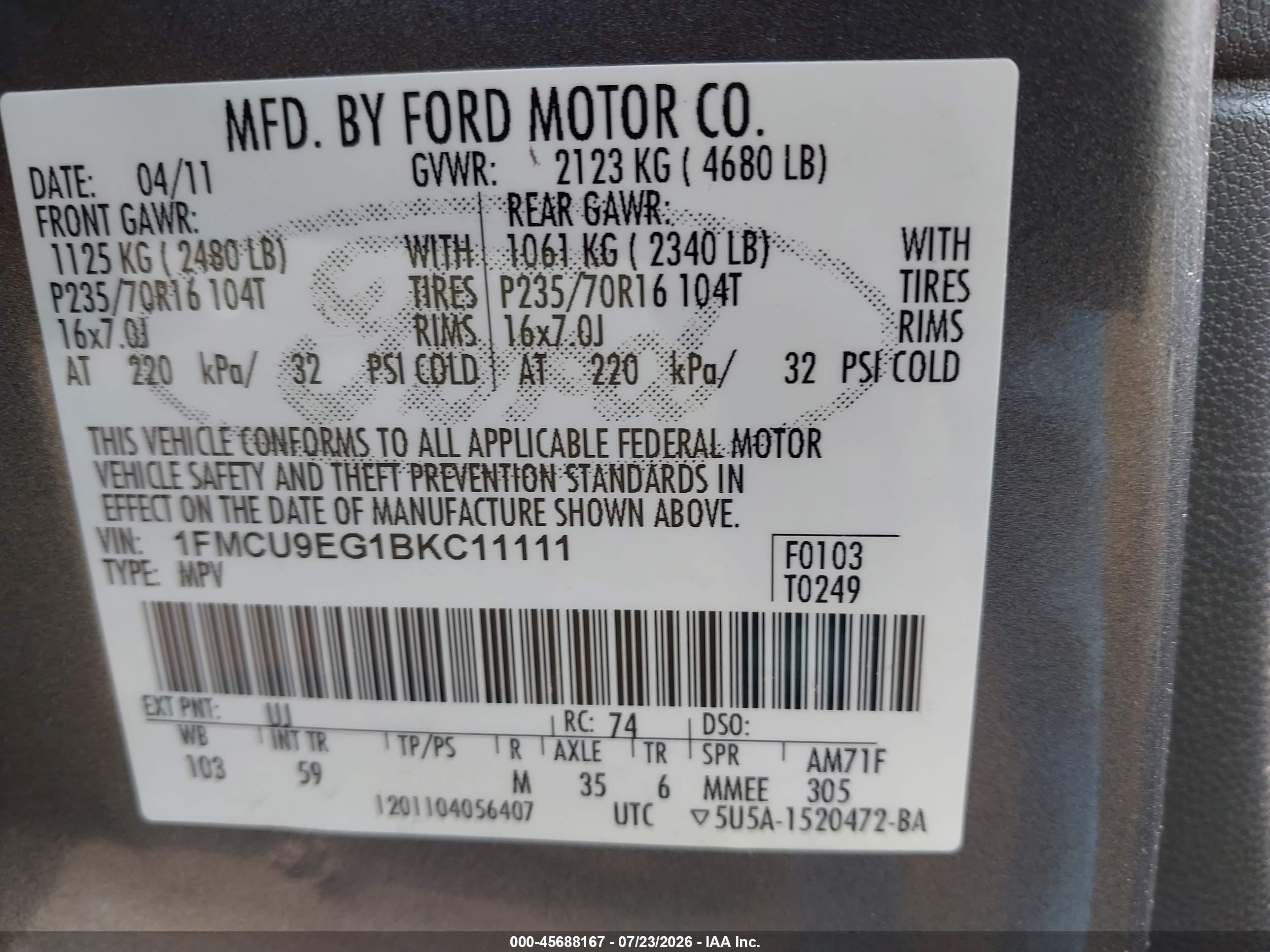2011 Ford Escape Limited Blue vin: 1FMCU9EG1BKC11111