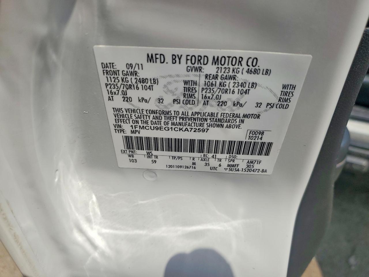 2012 Ford Escape Limited White vin: 1FMCU9EG1CKA72597