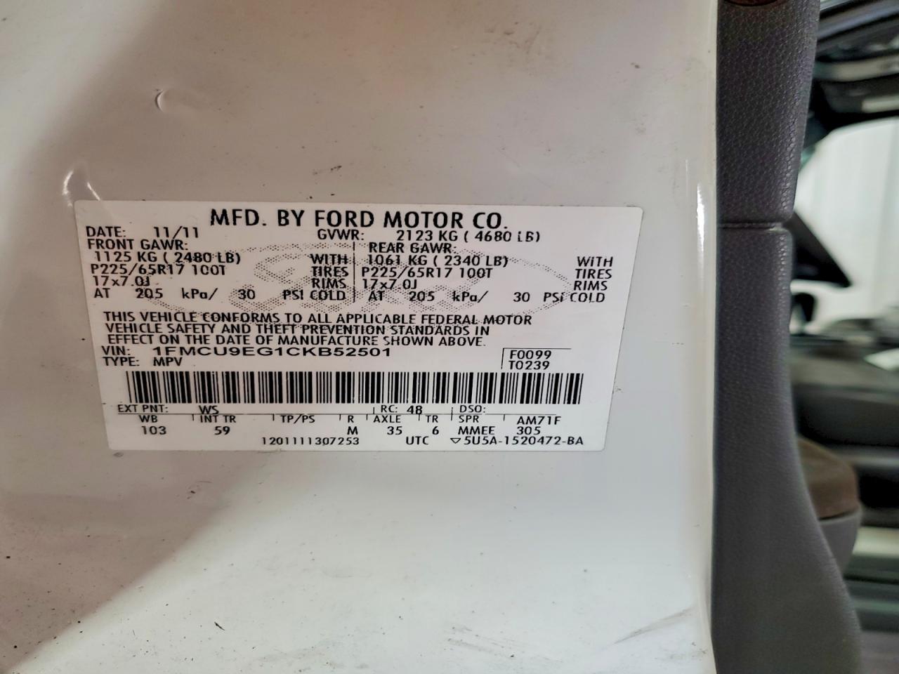 2012 Ford Escape Limited White vin: 1FMCU9EG1CKB52501