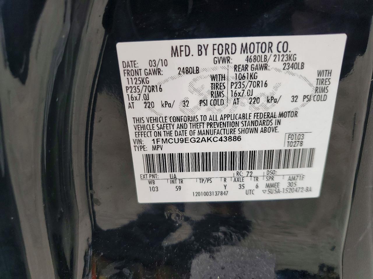 2010 Ford Escape Limited Black vin: 1FMCU9EG2AKC43886