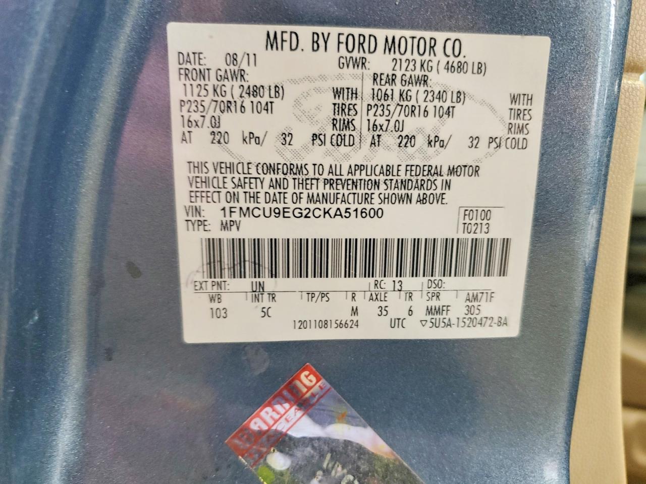 2012 Ford Escape Limited Blue vin: 1FMCU9EG2CKA51600