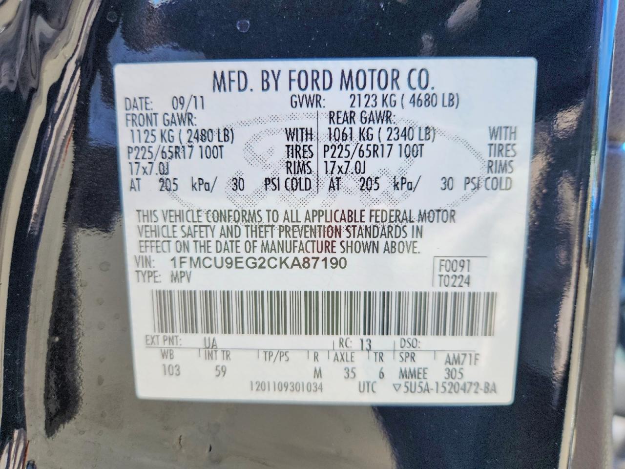 2012 Ford Escape Limited Black vin: 1FMCU9EG2CKA87190